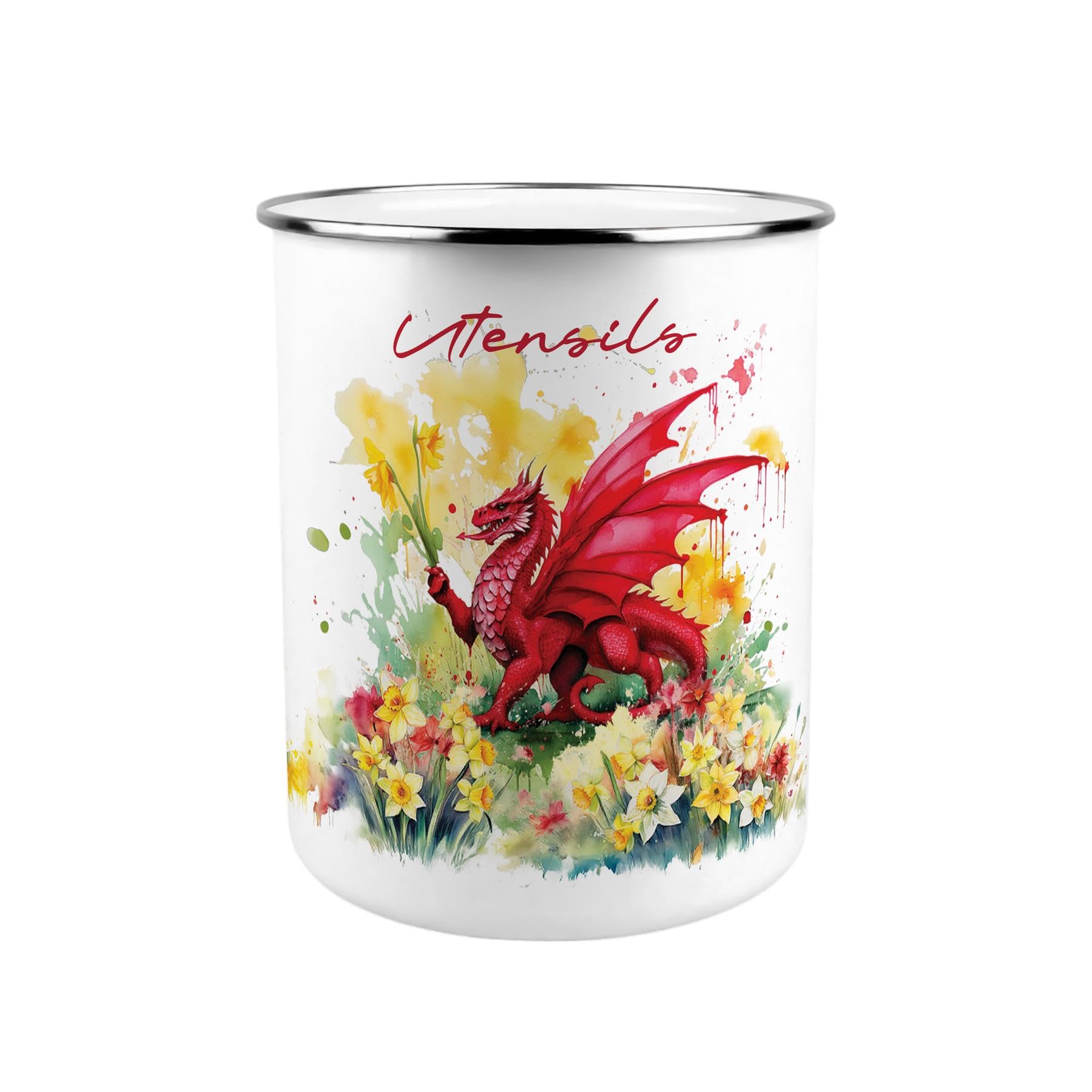 Purely Home Welsh Dragon & Daffodils Metal Utensil Holder - XL Kitchen Utensil Pot/Organiser for Countertop Decor Gift 18x16.5cm