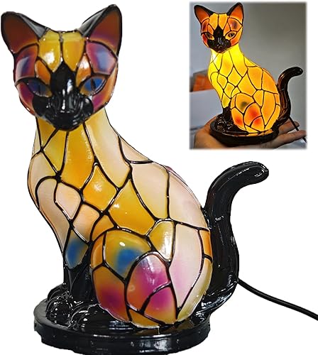 Miniatura 6 de Lámpara de mesa de gato retro colorida de resina, lámpara nocturna LED temática de gatos 3D linda para amantes de mascotas, diseño retro de gatos,