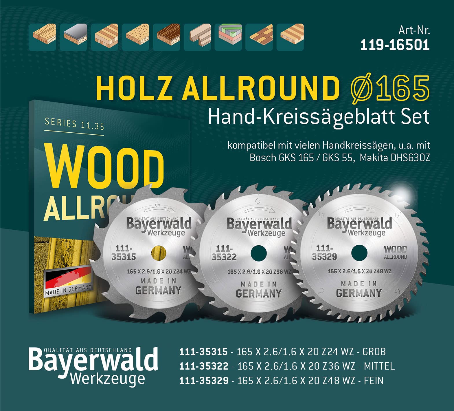 Juego de hojas de sierra circular WOOD ALLROUND Bayerwald Ø 165 (3 piezas) - Para cortar madera, tablones de madera, tiras perfiladas, etc. Adecuado para sierras circulares manuales con Bosch GKS 165