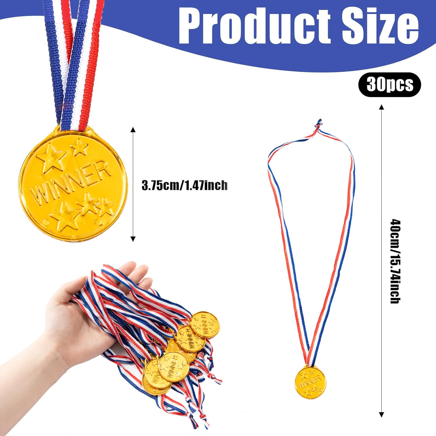 SETRUE Plastic Gold Medals, 30 Pcs Winner Award Medals with Ribbon Necklaces for Sports Competition Talent Show Spelling Bee Birthday Party Favors