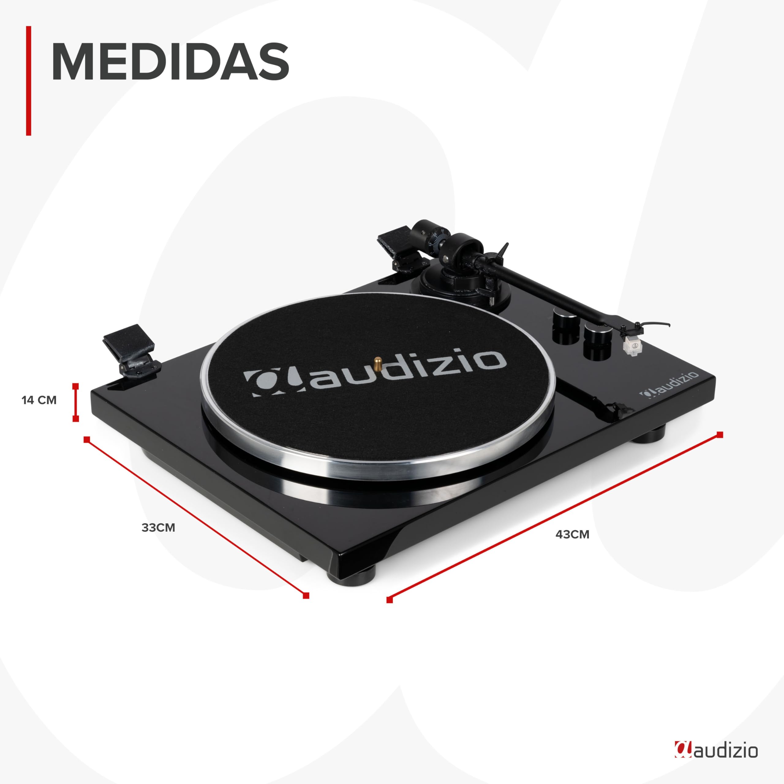Audizio Toledo - Tocadiscos con Bluetooth Acabado Negro 33/45 RPM estéreo | Bluetooth y salida RCA incorporados, cápsula Audio Technica, sonido estéreo, para digitalizar tu colección de discos