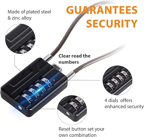 Miniatura 2 de SEPOX Candado de combinación reiniciable de diseño compacto de 4 dígitos, cuerpo de 1-316 pulgadas de ancho, bloqueo de cable extralargo de 6.3 in