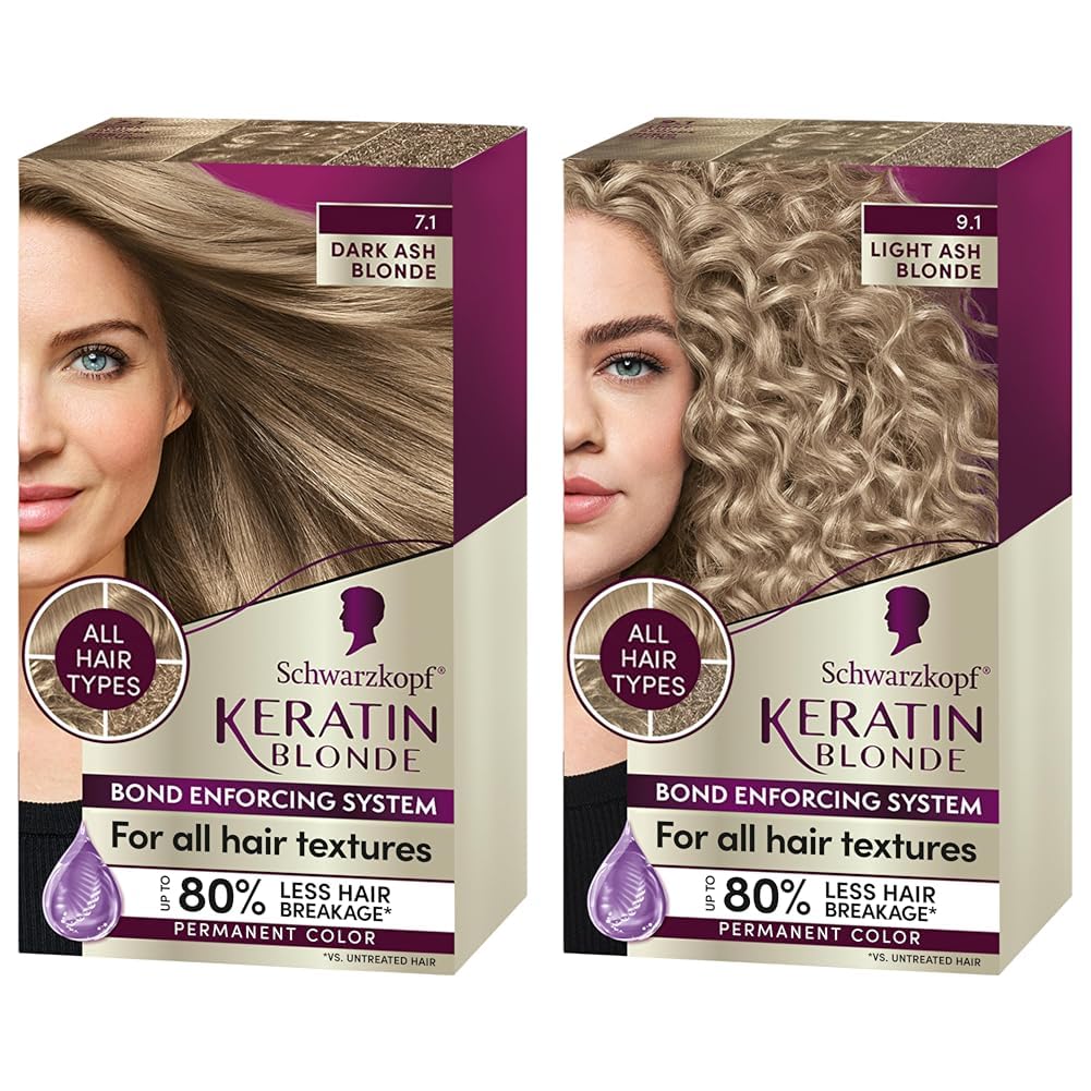 SchwarzkopfKeratin Color 7.1 Dark & 9.1 Light Ash Blonde Permanent Hair Dye Kit, Salon Inspired, 5X Stronger, Anti-Fade