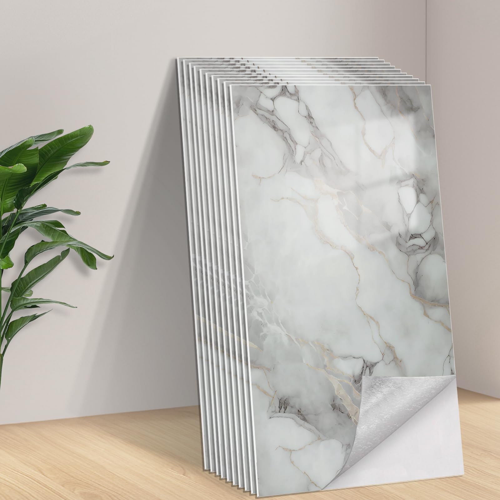 Tarwanear Tile Stickers Marble Grey Gold 40pcs/60x30cm Self Adhesive Wall Tiles PVC Wall Stickers Waterproof Oil Proof Peel and Stick on for Kitchen Bathroom Home Decor