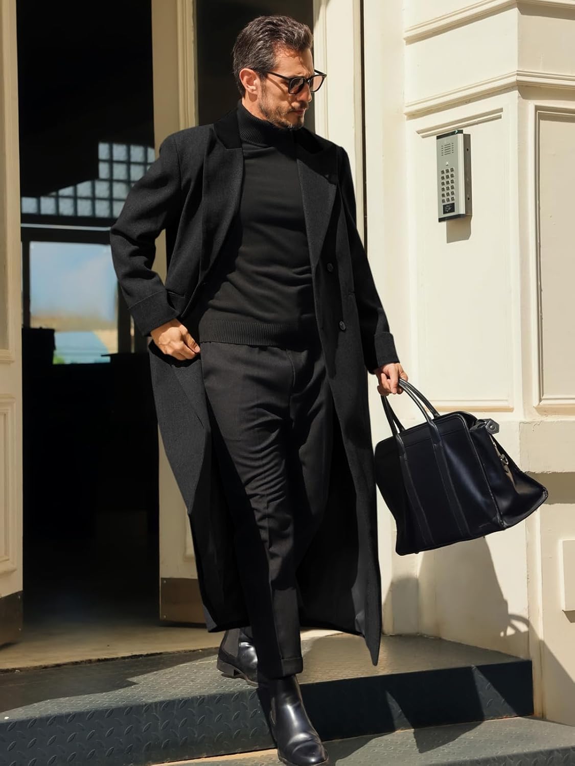 Runcati Mens Full Length Trench Coat Notched Lapel Long Jacket Double Breasted Classic Winter Overcoat - Image 3