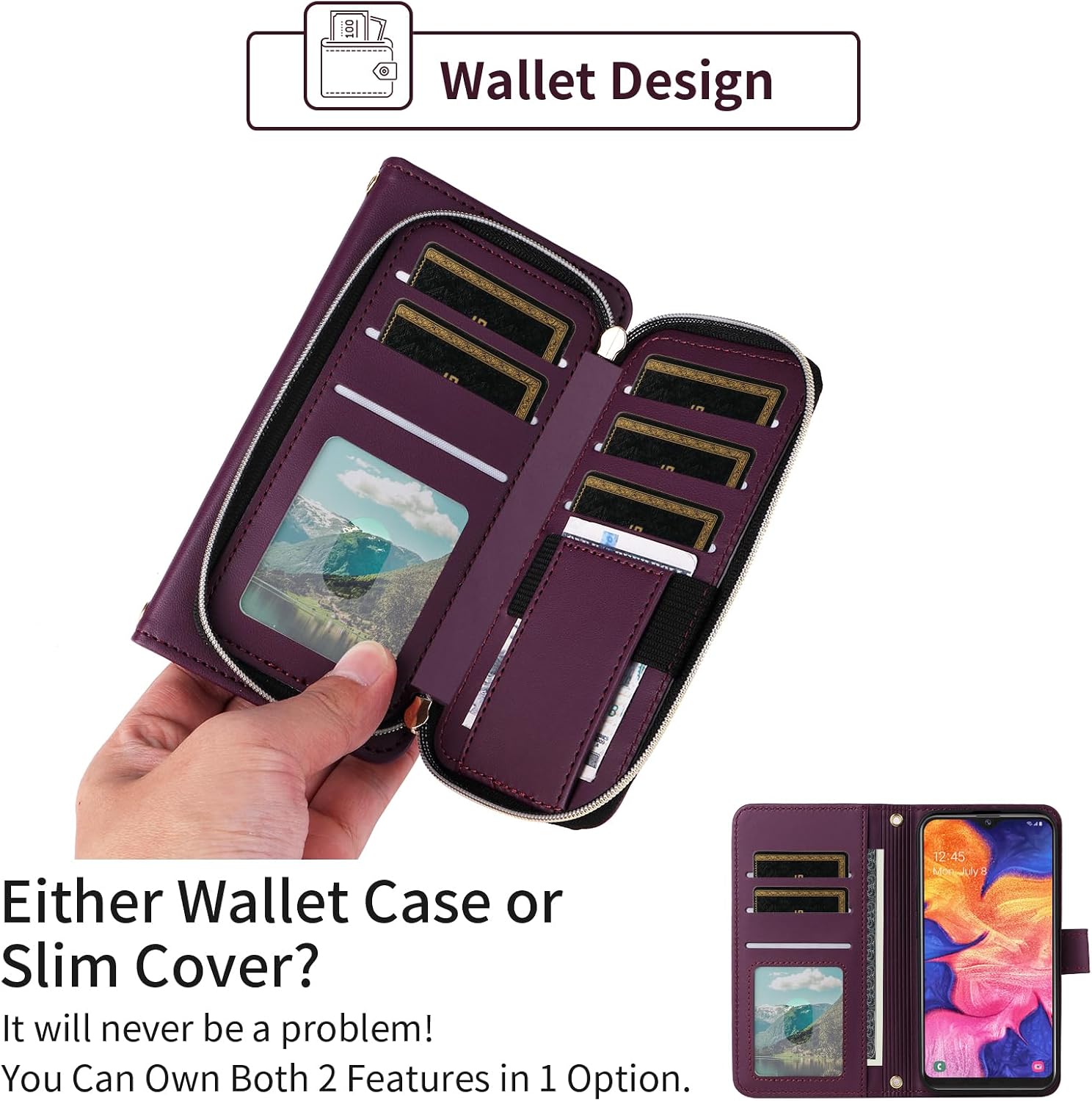 Argyle Wallet Case for Samsung Galaxy A10e with Wrist Strap Shoulder Strap, 9+ Card Slot Zipper Purse Luxury PU Leather Stand Checkered Phone Cover for A 10e 10ae S102DL Women Girls Deep Purple image 5