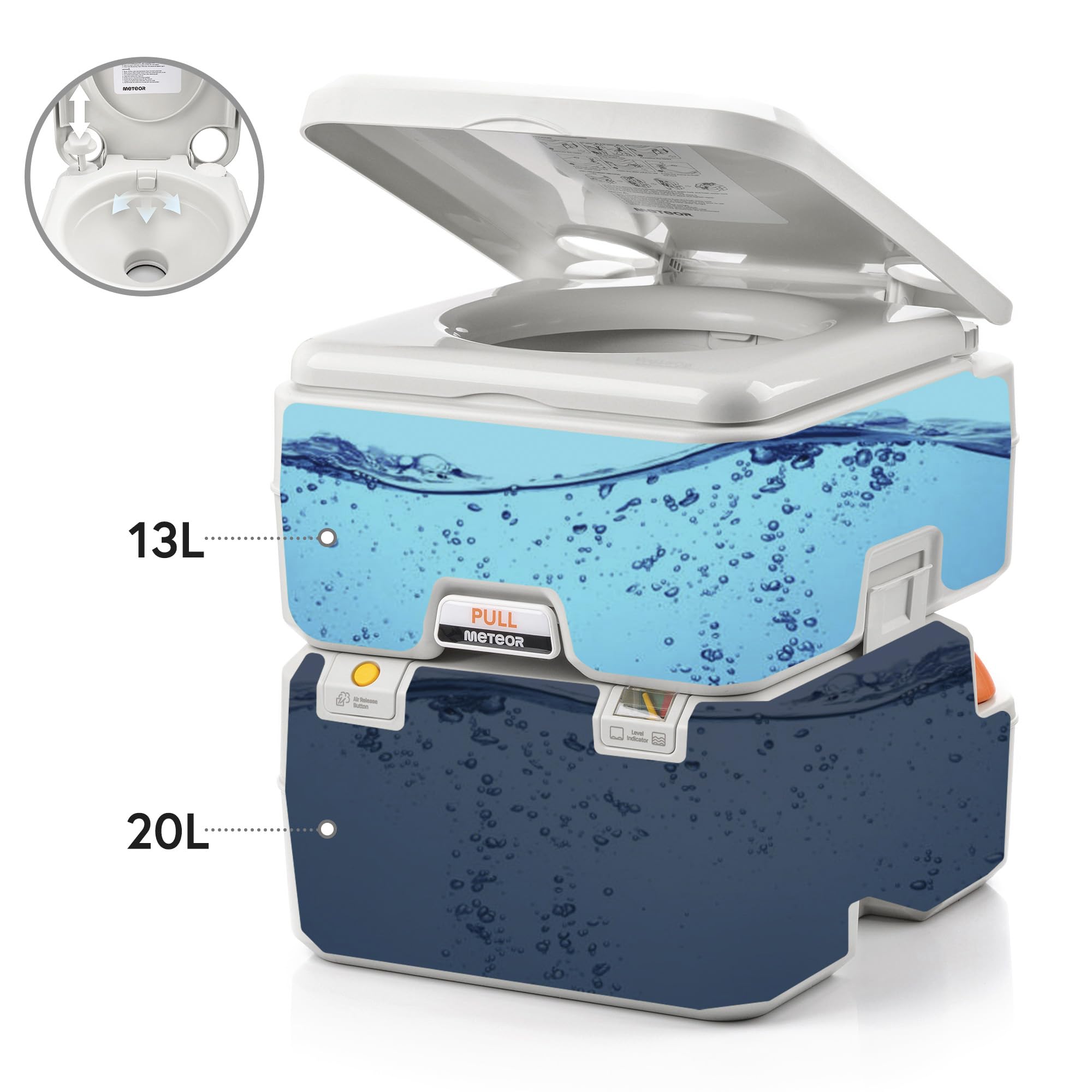 meteor Campingtoilette mit Wasserspülung Füllstandsanzeige Outdoor Tragbare Reisetoilette Mobiles WC Baustellen Robust Auslaufsicher bis 200kg Garten Camping Chemie-Toilette