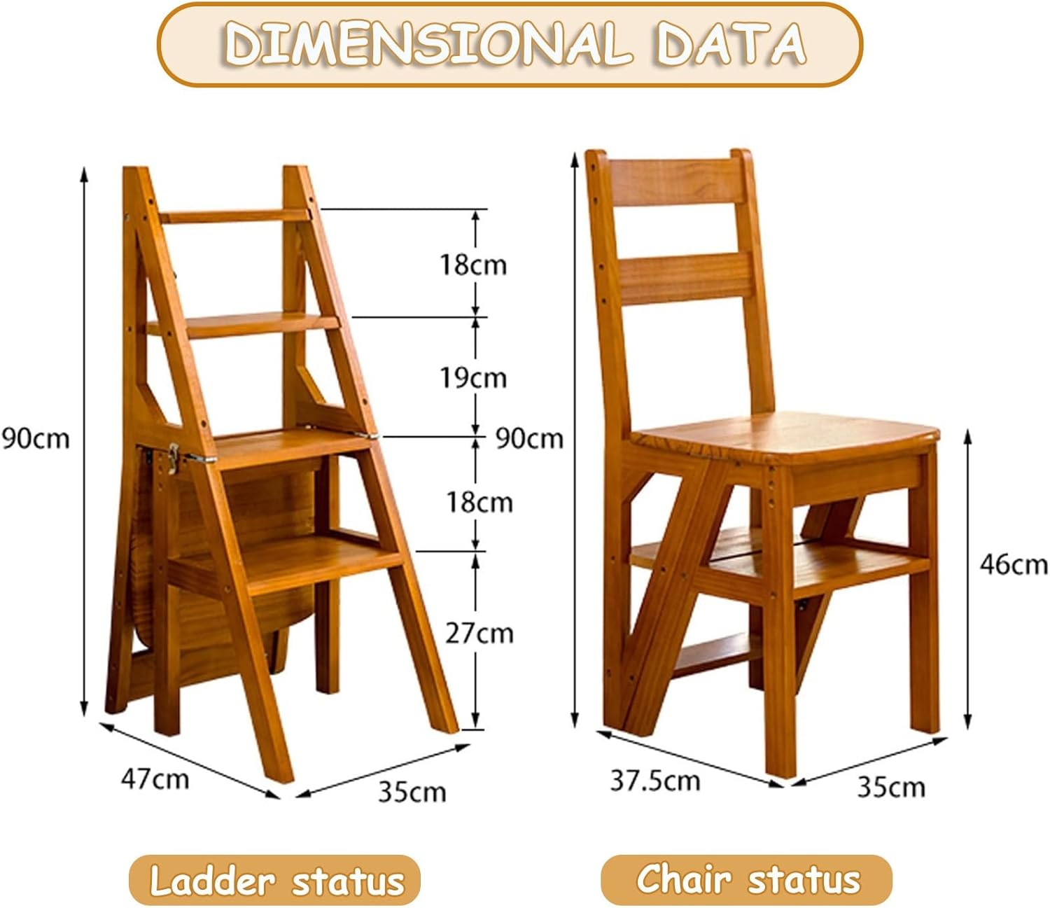 Foldable 4-Step Wooden Ladder with Backrest - Portable Collapsible Stool for Kitchen, Bathroom, Office, Shoe Bench, Indoor Use - Ideal Step Stool for Home & Flower Display
