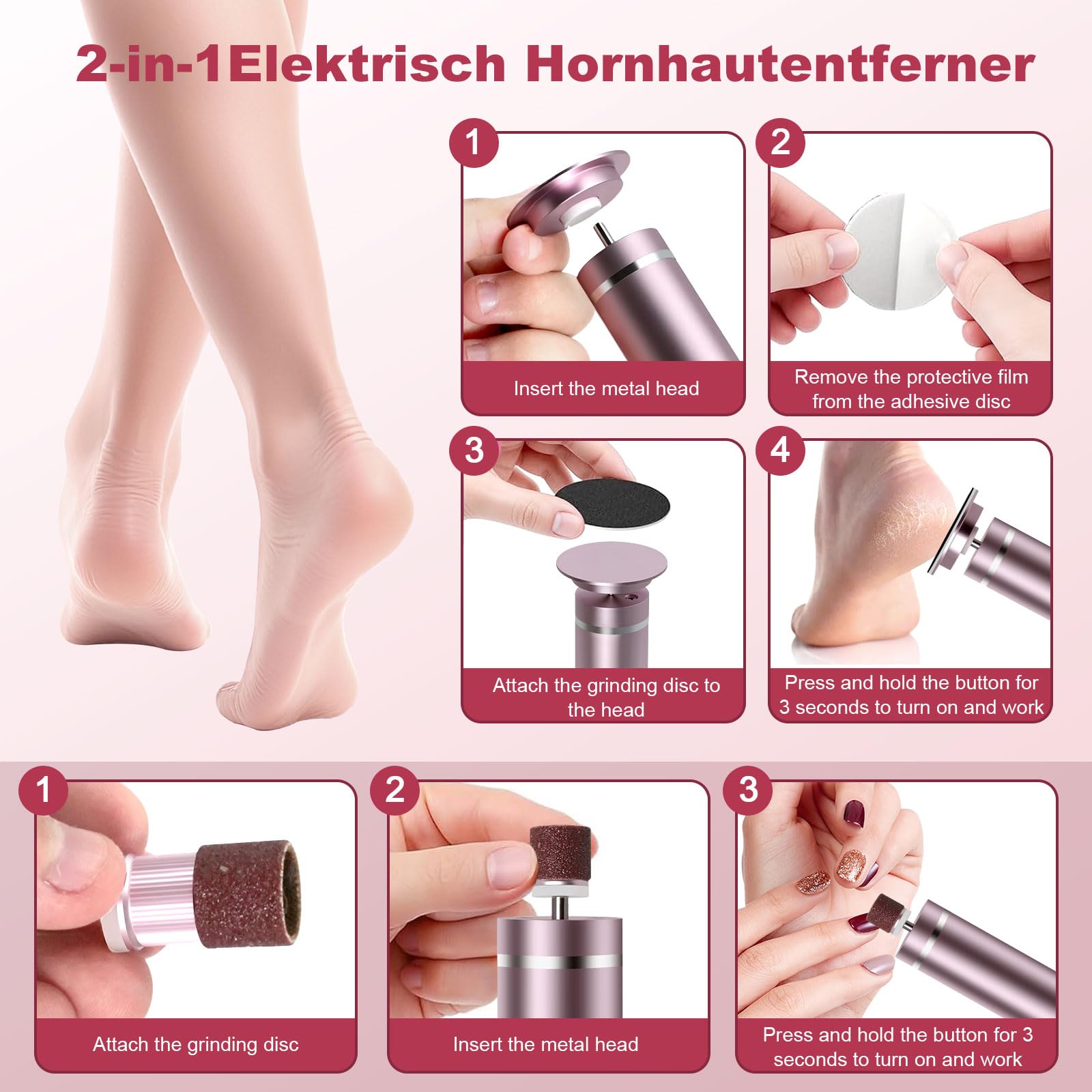 Hornhautentferner Elektrisch, 2 in 1 Elektrischer Hornhautentferner für Füße & Nagelpflege mit LCD Display und 9 Stufens, Wiederaufladbare Foot Glow Hornhaut Entferner für rissige Fersen,Hornha