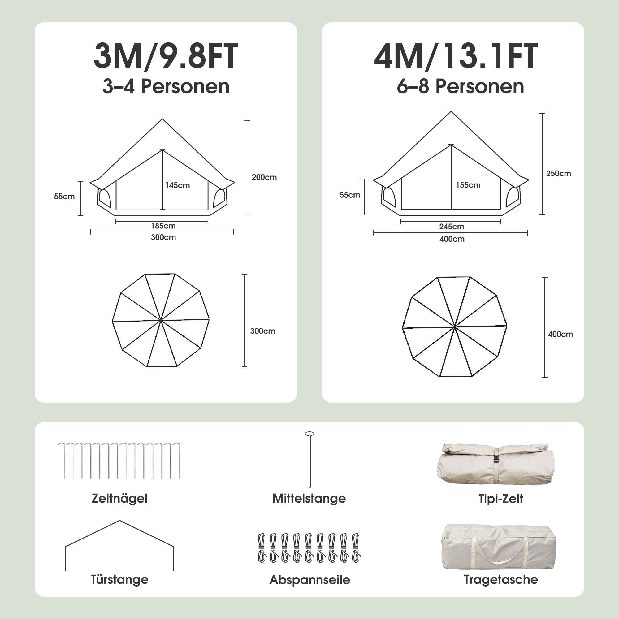 Bell Tipi Zelt Outdoor, 3M & 4M 4-Jahreszeiten Canvas Wasserdichtes Zelt für Camping, 4M Zelt Abnehmbarer Seitenwand, Gruppen Familien, Camping, Feste