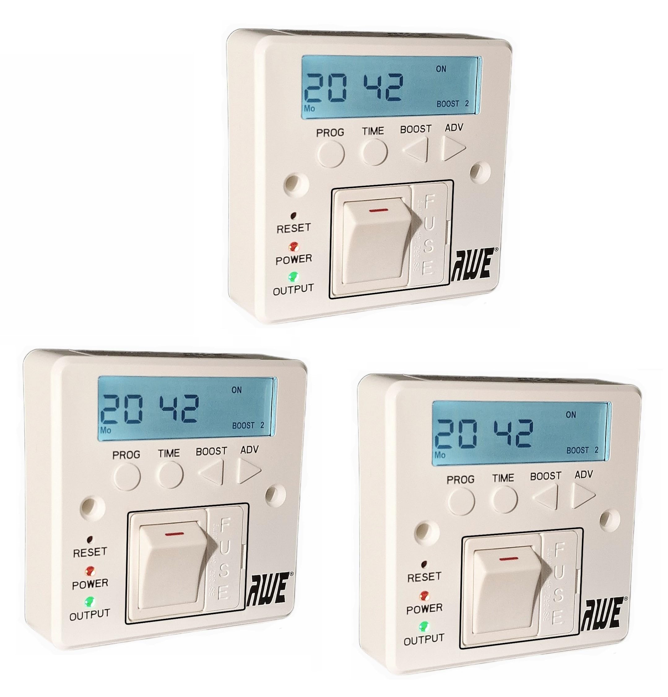 Awe White 3 X 7-Day Digital Fused Timer Spur Electric Heating, Immersers, Aga-Range Cookers, Towel Rails & Lights | 5Yr Warranty* | Programmable Timer/Lit Display* | Rechargeable Cell | 2000+Hrs Batt Memory