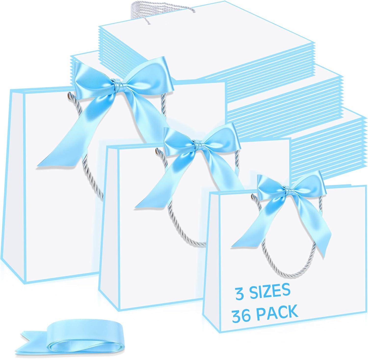 Tosstuki 36 Pack Thank You Gift Bags with Handle 3 Sizes Welcome Bags Thank You Return Gifts with Bow Ribbon for Birthday Party Wedding Bridesmaid(Blue)