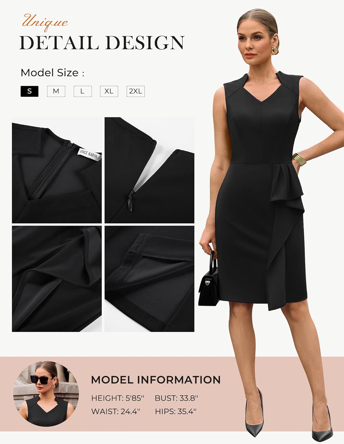 GRACE KARIN Womens Bodycon Dress Sleeveless 2026 Spring Summer V Neck Ruffle Midi Pencil Dresses Church Work Cocktail Dress - Image 5