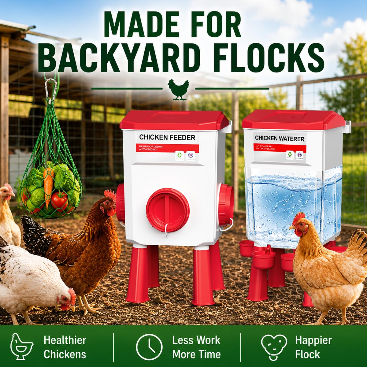 Ensemble mangeoire et abreuvoir pour poulets, système d'alimentation automatique sans déchets, mangeoire de 12 kg et abreuvoir de 11 L, kit de poulailler 4 en 1 avec support de légumes pour