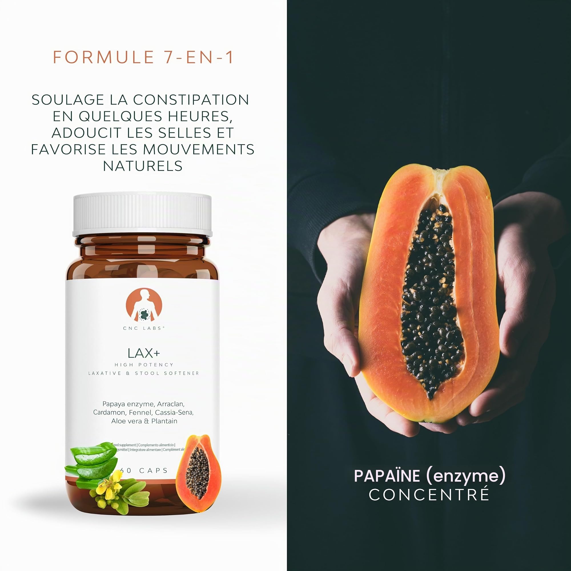 LAX+ Laxatif, 2 flacons, soulage la constipation chez l'adulte, ramollit les selles, efficace et rapide, à base de papaye, nerprun, cardamome, fenouil, feuilles de séné, aloe vera et plantain lancéolé