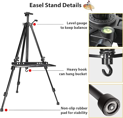Miniatura 4 de PUJIANG - Caballete de 20 a 61 pulgadas para pintar, caballete de arte, caballete de metal de aluminio con bandeja de transporte, caballete de