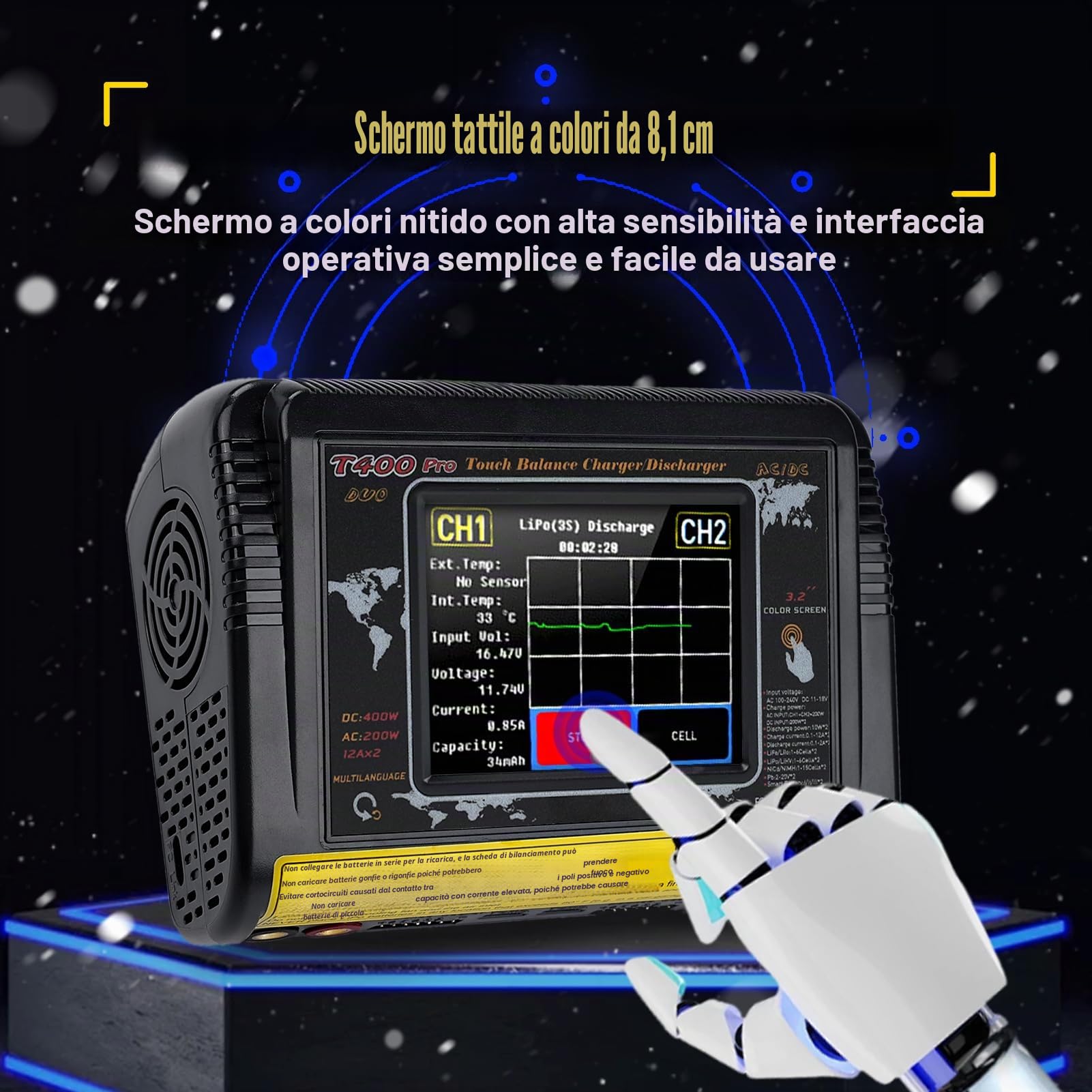 BuyWeek T400 PRO RC Caricabatterie Bilanciamento AC200W/DC400W 12A carica batteria per auto 3,2 pollici touch screen caricabatterie litio alta precisione per LiPo/Lilon/LiFe/NiMH/NiCd/PB/NiMH