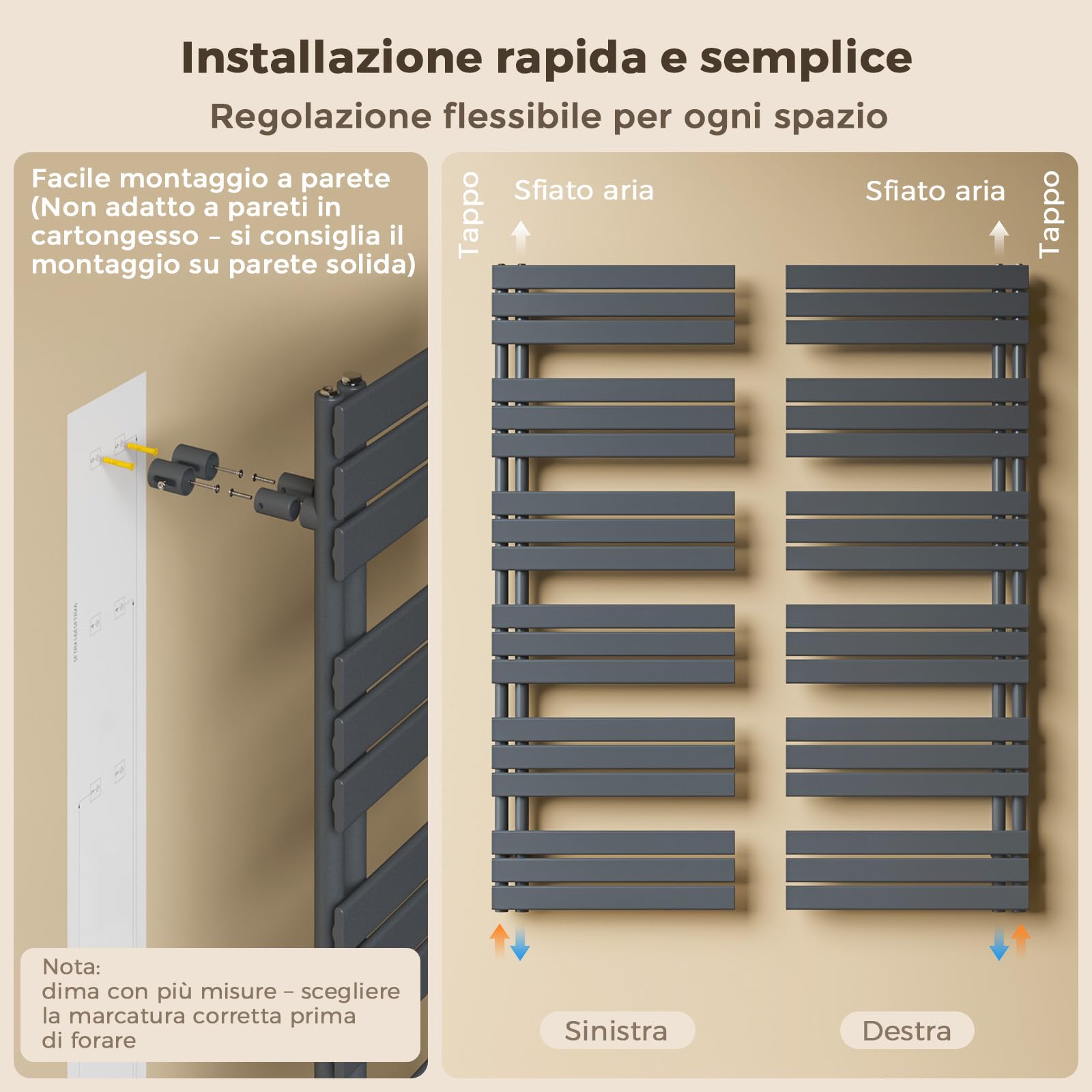 Radiatore design per bagno, radiatore scaldasalviette, grigio antracite, pannello piatto, Connessione centrale, 1041x500mm, radiatore per bagno, asciugatore per asciugamani, 555 Watt (Senza valvola)