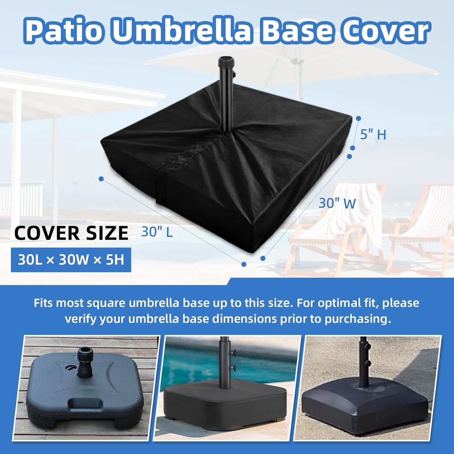 Patio Umbrella Base Cover for Outdoor Umbrellas Base,Heavy Duty 600D Waterproof Anti-UV,30"L x 30"W x 5"H,Outside Square Umbrella Stand Base Covers (Black)