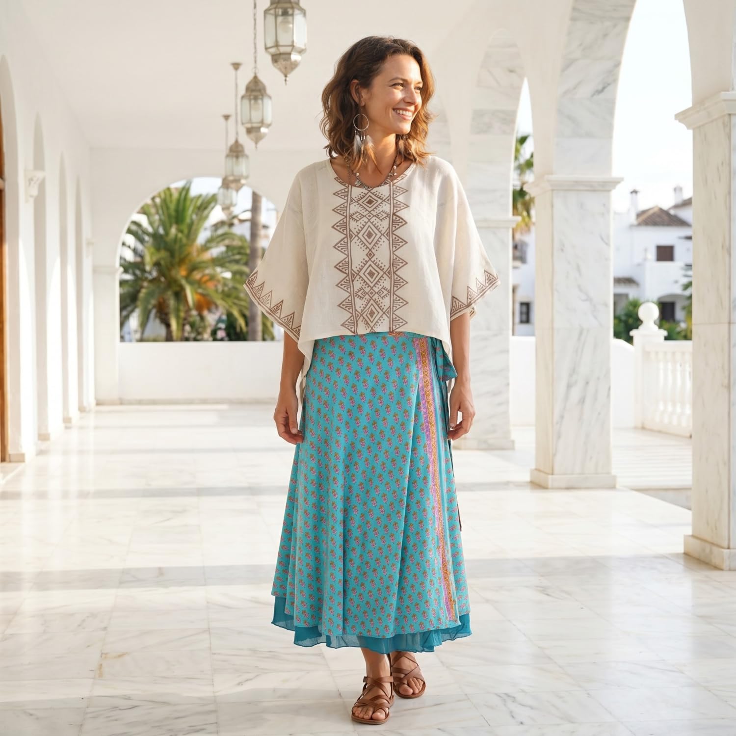 Langer Boho Wickelrock, Maxirock mit farbenfrohem Druck, türkisblau | Maxi-Länge, 100 % Baumwolle, lockere Passform, vielseitig tragbar, angenehm und nachhaltig