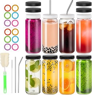 STARSIDE 8 Pack 16 oz Glass Juicing Bottles, Reusable Smoothie Cup with Airtight Lids, Bonus 4 Straws & 4 Perforated Lids, Water Bottle Mason Jar Drinking Jars for Juice, Tea, Kombucha