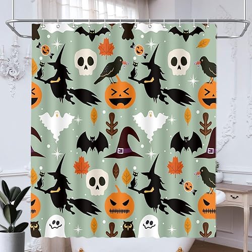 Miniatura 3 de DePhoto Cortina de ducha de Halloween, calabaza, bruja negra, para niños, murciélago, cuervo, hojas de arce, sombrero de mago, calavera, fantasma,