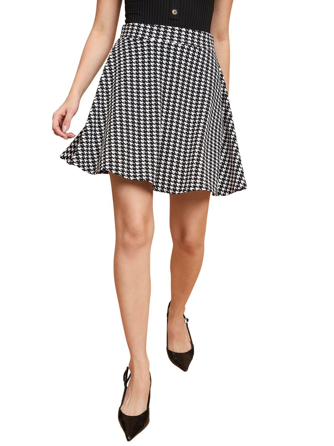 dimpy garments Women Black White Flared Cotton Blend Houndstooth Print Mini Skirt -Stylish Casual & Office Wear Skirt-picture-26