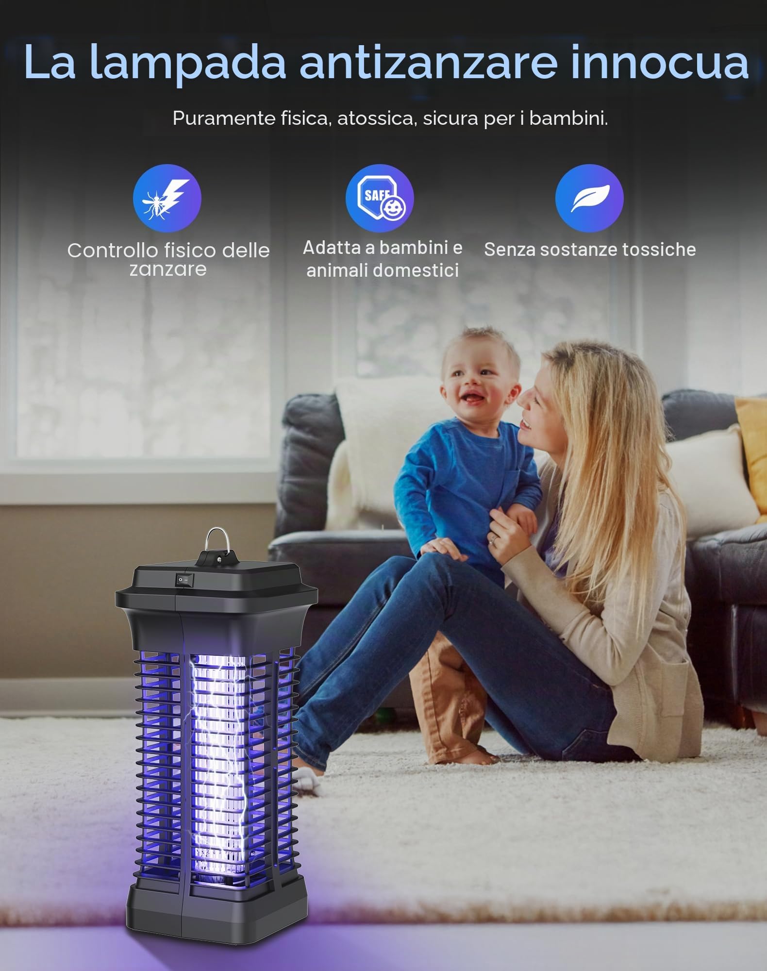 Lampada Antizanzare Elettrica, 6W Elettrica Ammazza-zanzare Portata Effettiva 30m², Ammazza-insetti Elettrico con Interruttore e Cavo da 1,2m, Uccide Efficacemente gli Insetti Volanti per Uso Interno