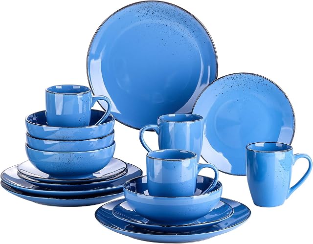 vancasso Navia Oceano Dinner Set, Stoneware Vintage Look Dinnerware Tableware, 16 Pieces Dinner Service Set for 4, Include Dinner Plate, Dessert Plate, Cereal Bowl and Mug. Dark Blue