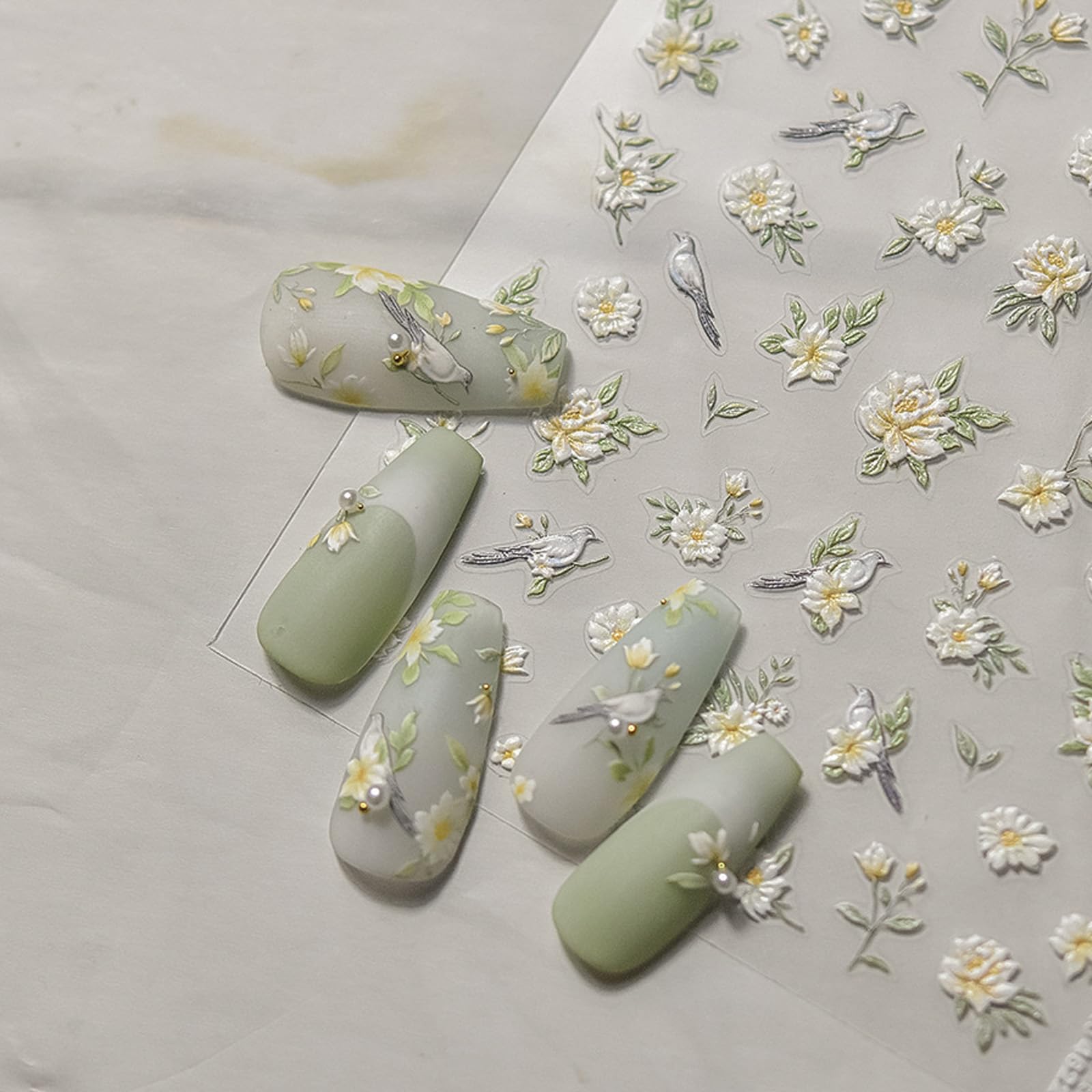 1 Sheet Flower Nail Decal with Leaf Design, Yellow White Gradient Floral Nail Art Stickers, 5D Embossed Self-Adhesive Nail Stickers for Women DIY