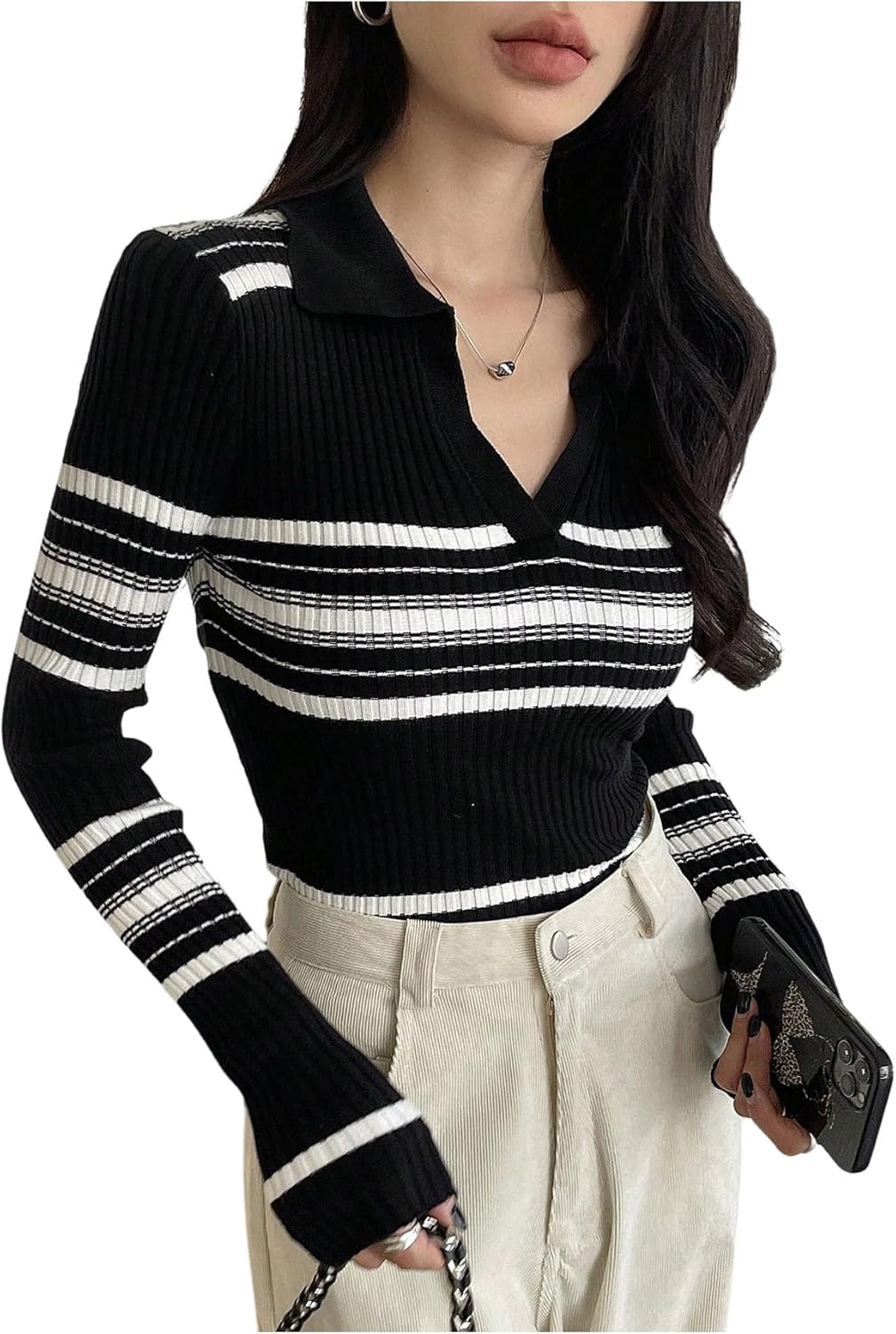 OYOANGLE Women's Collared V Neck Striped Sweater Long Sleeve Ribbed Fitted Pullover Knit Tops
