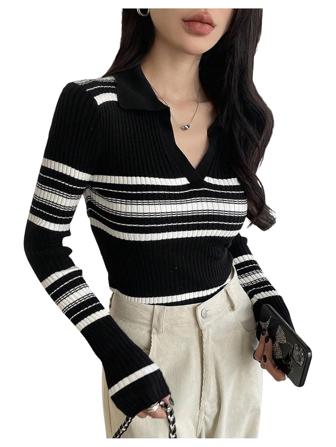OYOANGLE Womens Collared V Neck Striped Sweater Long Sleeve Ribbed Fitted Pullover Knit Tops
