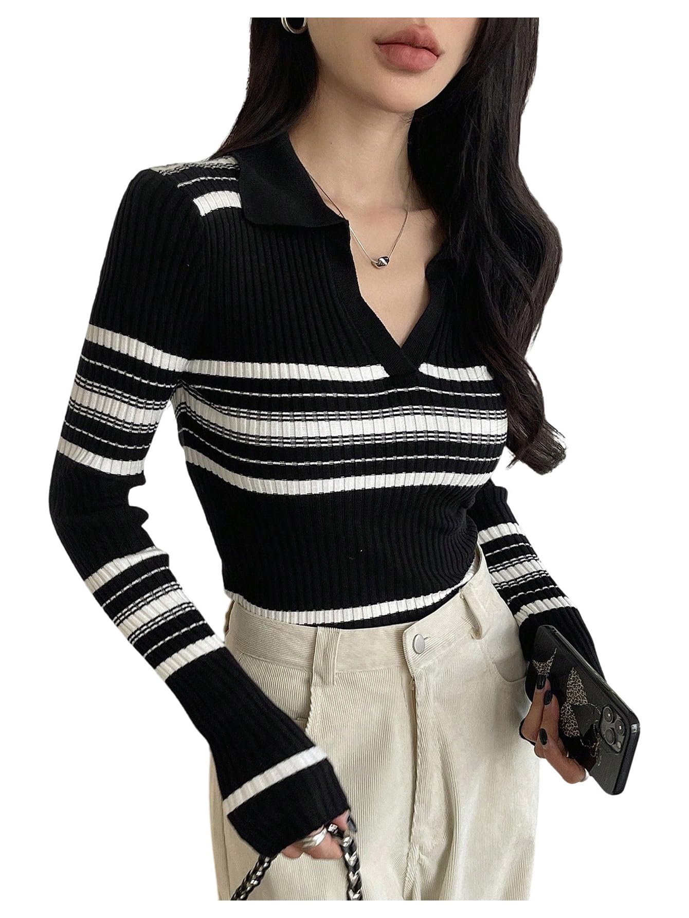 OYOANGLE Womens Collared V Neck Striped Sweater Long Sleeve Ribbed Fitted Pullover Knit Tops