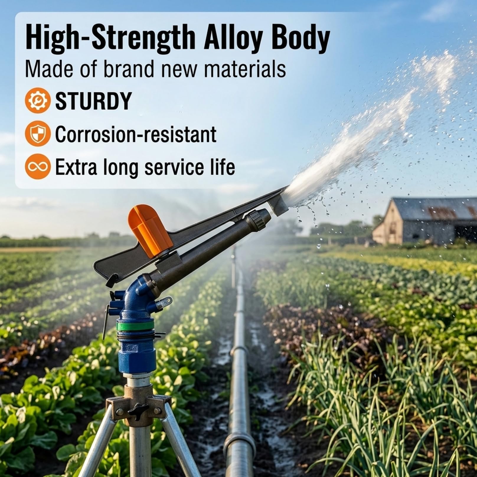 Aspersor de riego, aspersor de riego de aleación, Agua giratoria automática con boquillas Dobles, Pistola de Gran Cobertura para Tierras de Cultivo, Jardines, supresión de Polvo.