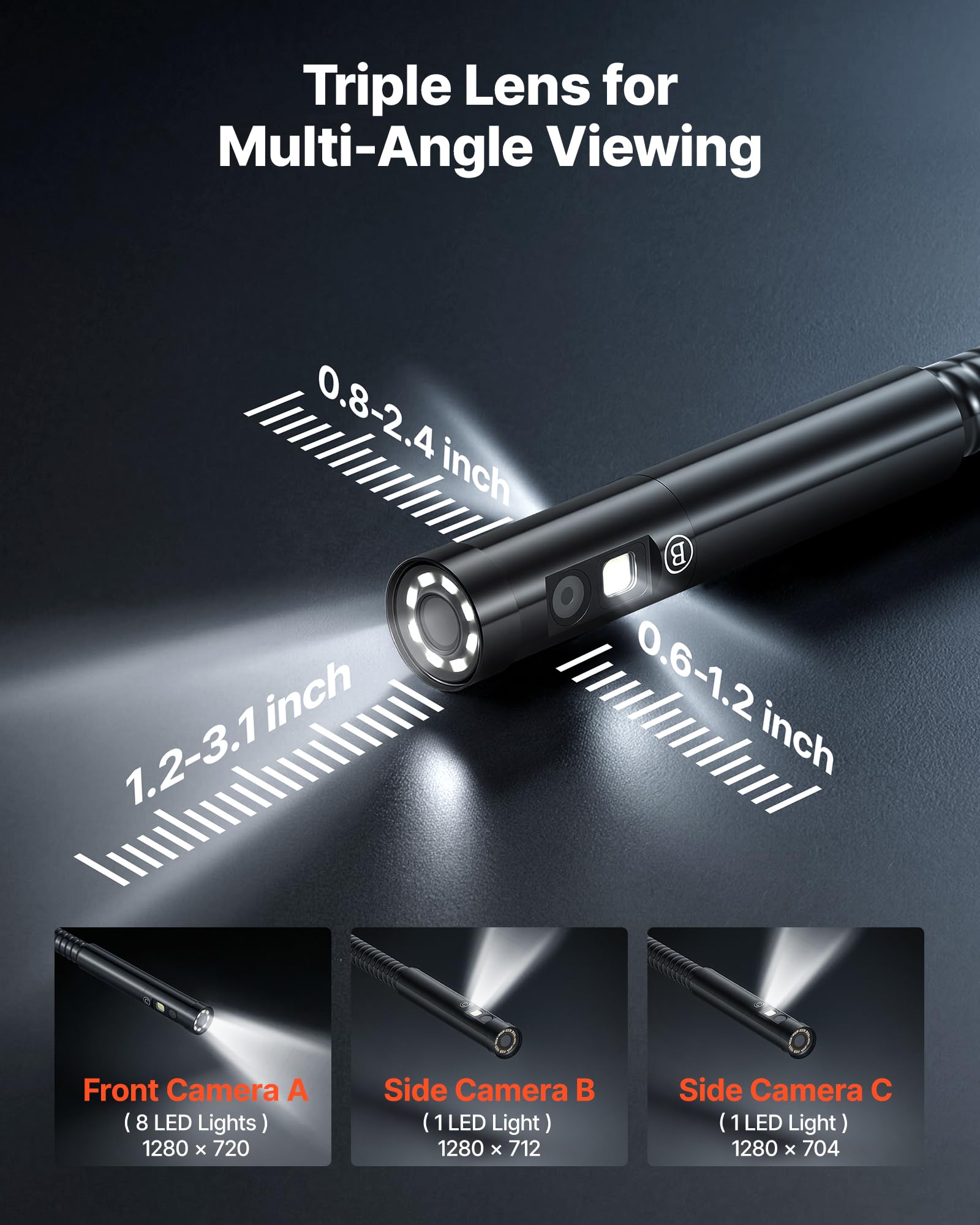 VEVOR Caméra Endoscopique Triple Objectif Endoscope Écran IPS HD 5 Pouces Caméra Inspection pour Canalisation Automobile, avec Câble 1,5 m, Éclairage 8 + 2 LED, Zoom 8X, Batterie 5000 mAh, Sonde IP67