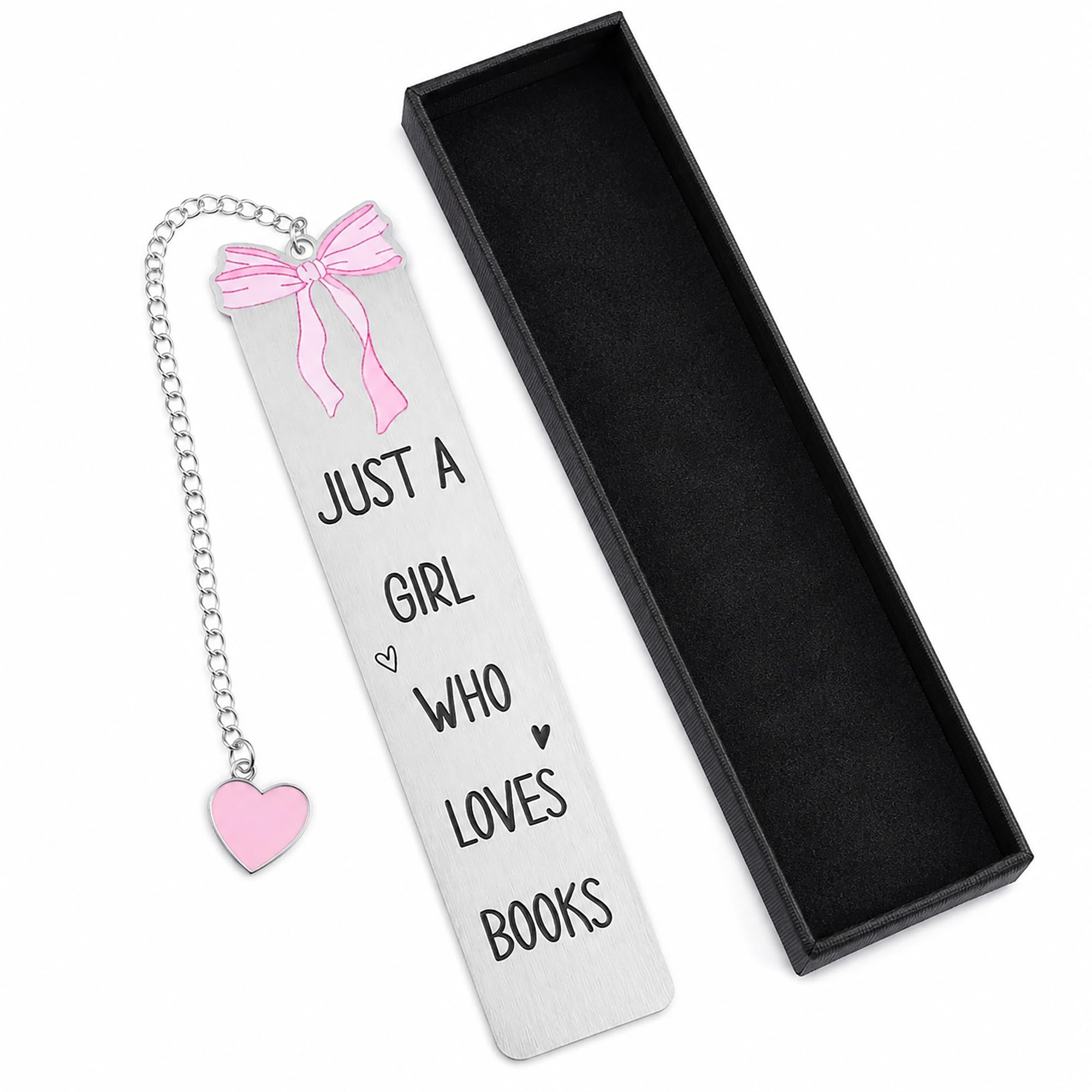 Cute Metal Bookmark with Case – Pink Bow Heart Charm Page Marker