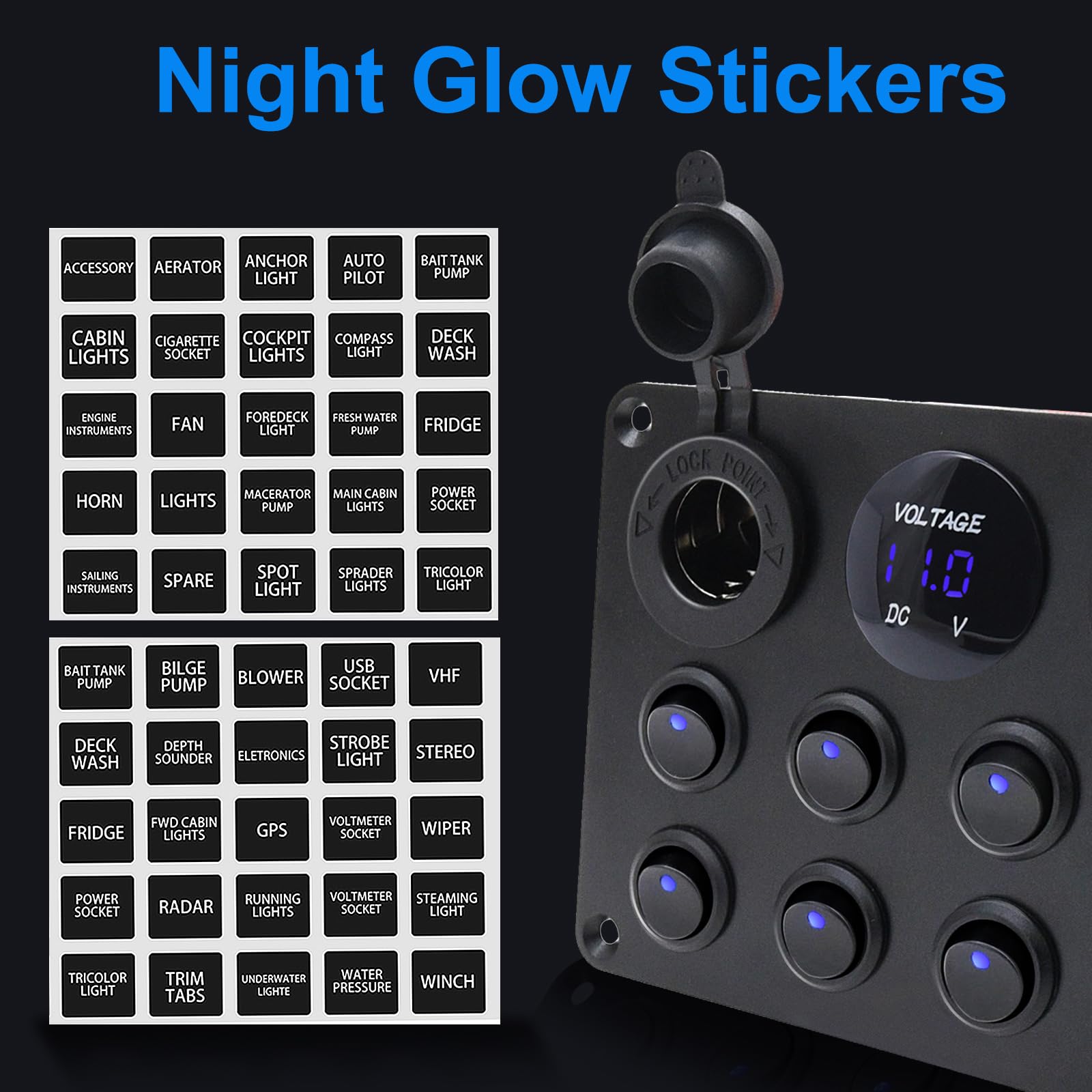 KAOLALI Pannello Interruttori 8 Gang 12V/24V, Interruttore a Levetta Impermeabile Porta caricatore USB 4.2A + Accendisigari + Voltmetro per Camper Roulotte Barche LED Blu