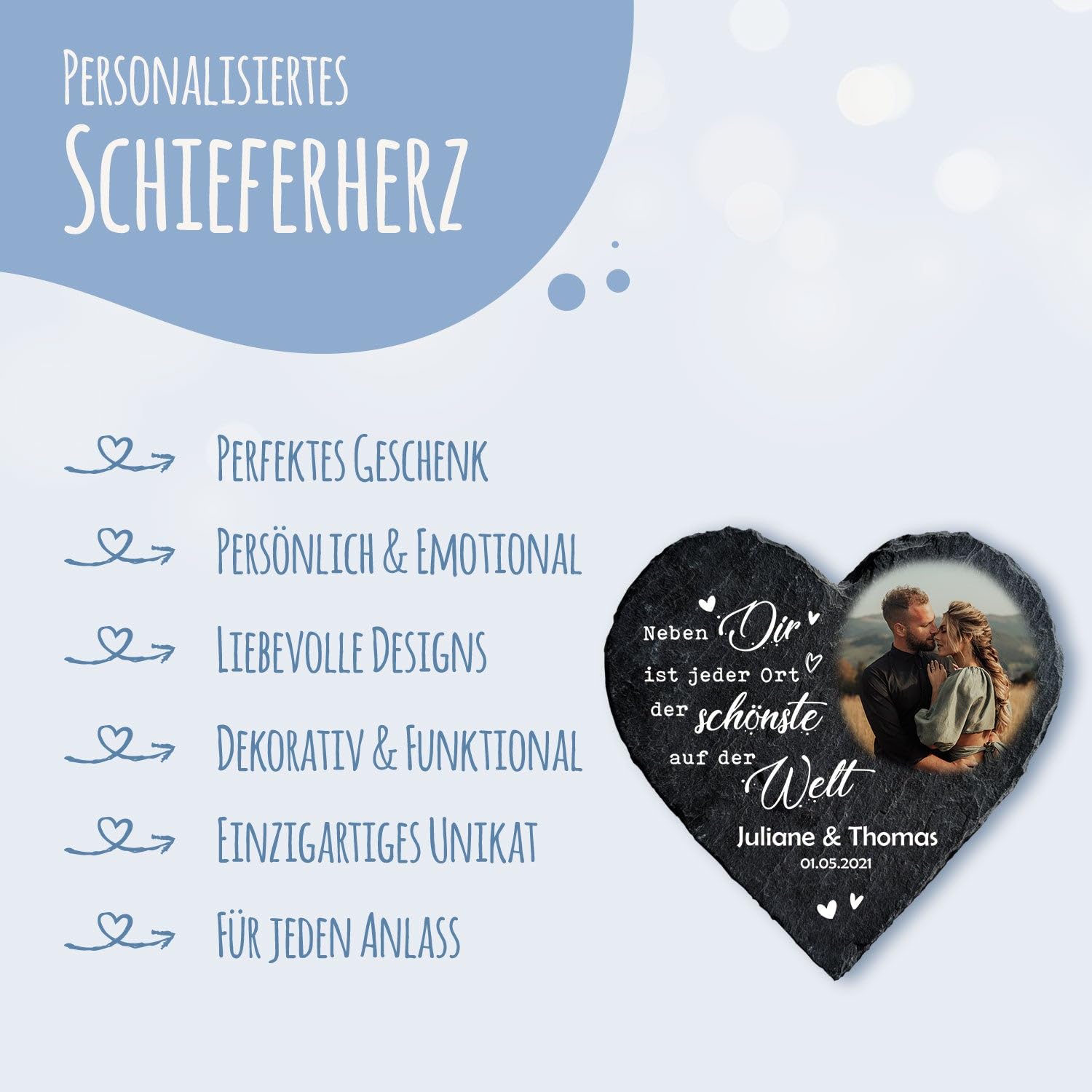 GRAVURZEILE Bedrucktes Schieferherz - Paarfoto - Personalisiert mit Name, Foto & Datum - Individuell bedruckt - 20 x 20 cm - Geschenk für Paare zum Valentinstag, Jahrestag oder Hochzeit