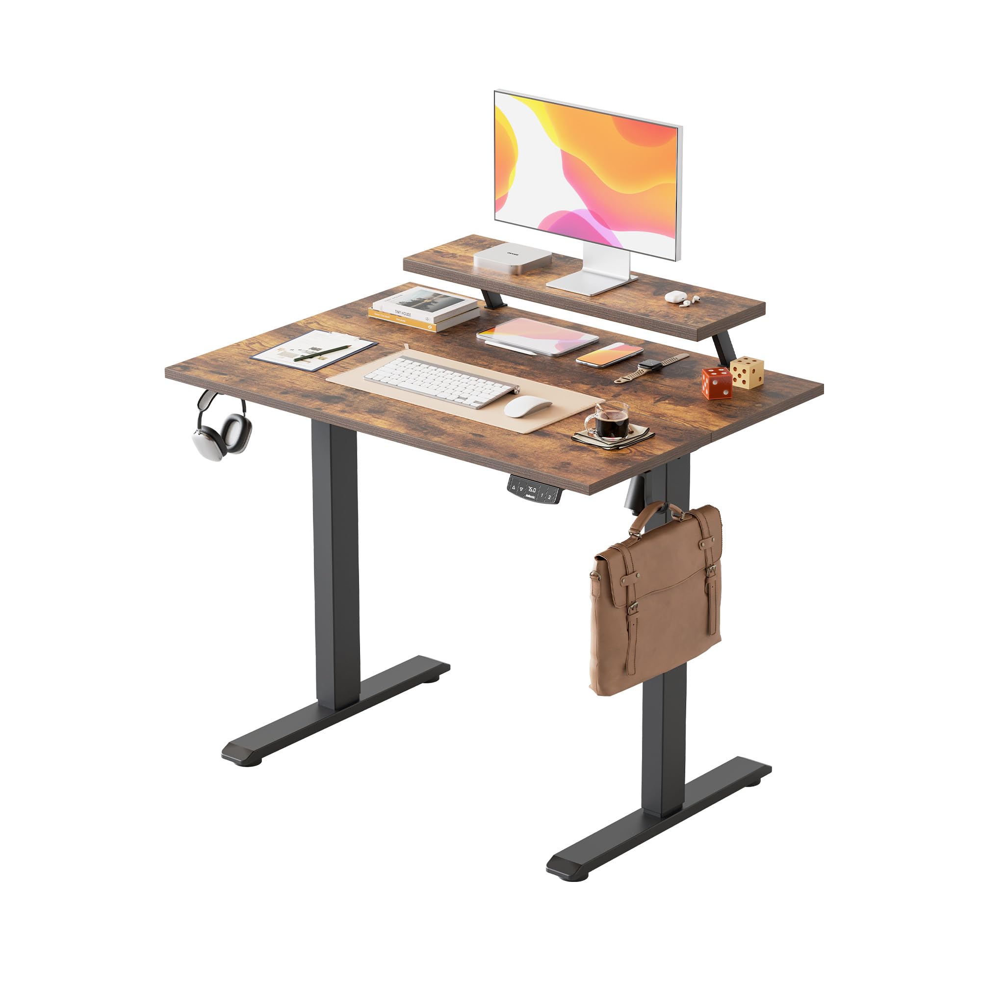 Agilestic Electric Standing Desk with Movable Monitor Stand, Height Adjustable Desk with 2 Memory Buttons, 100 x 60 cm, for Home Office, Rustic Brown