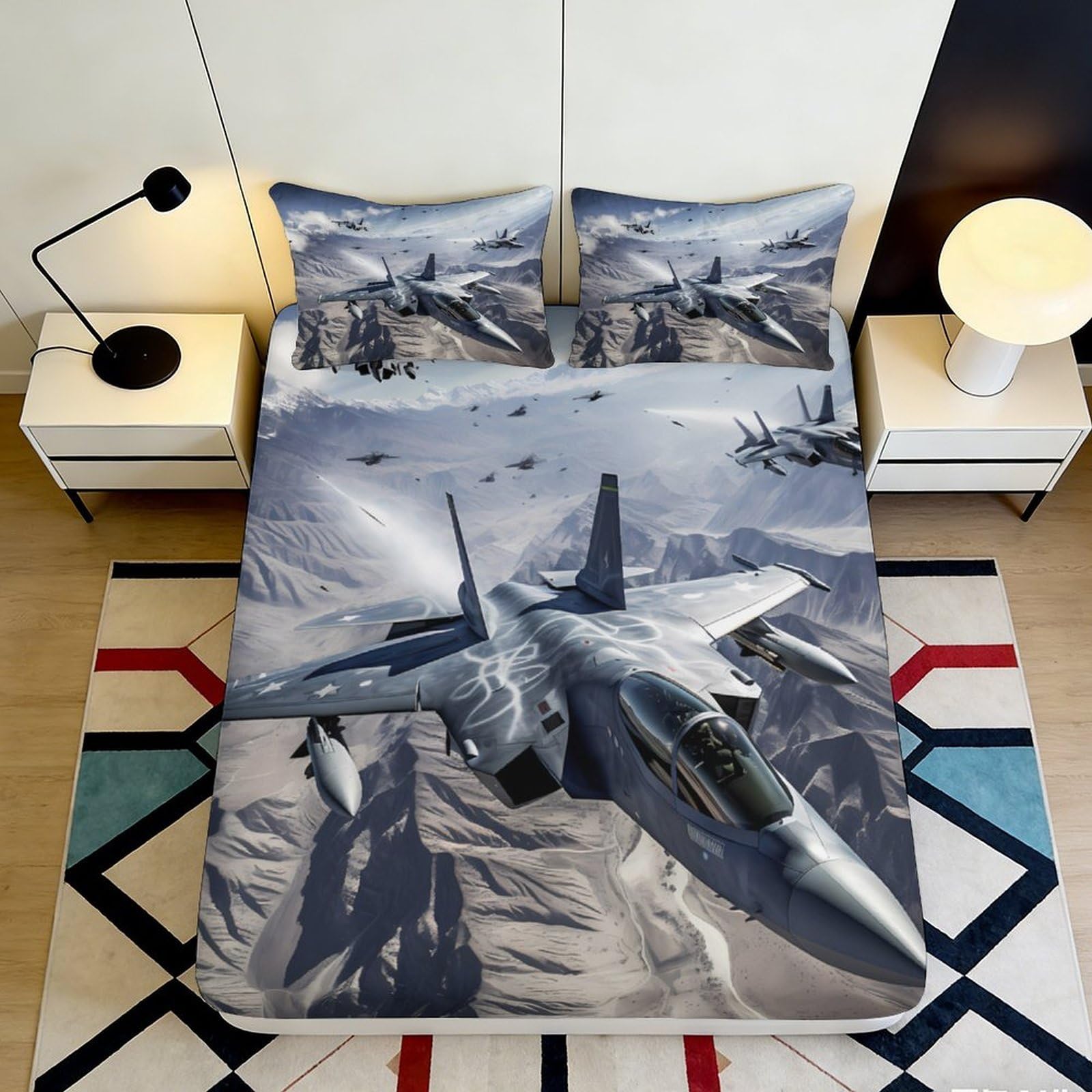 Jqzkxnhpbr Style-6 3D Printed Fighter Jet Fitted Sheet Microfiber Soft Blue Sky Airplane Bed Cover For Bedroom Dorm Mattress Decor 90X200x25cm