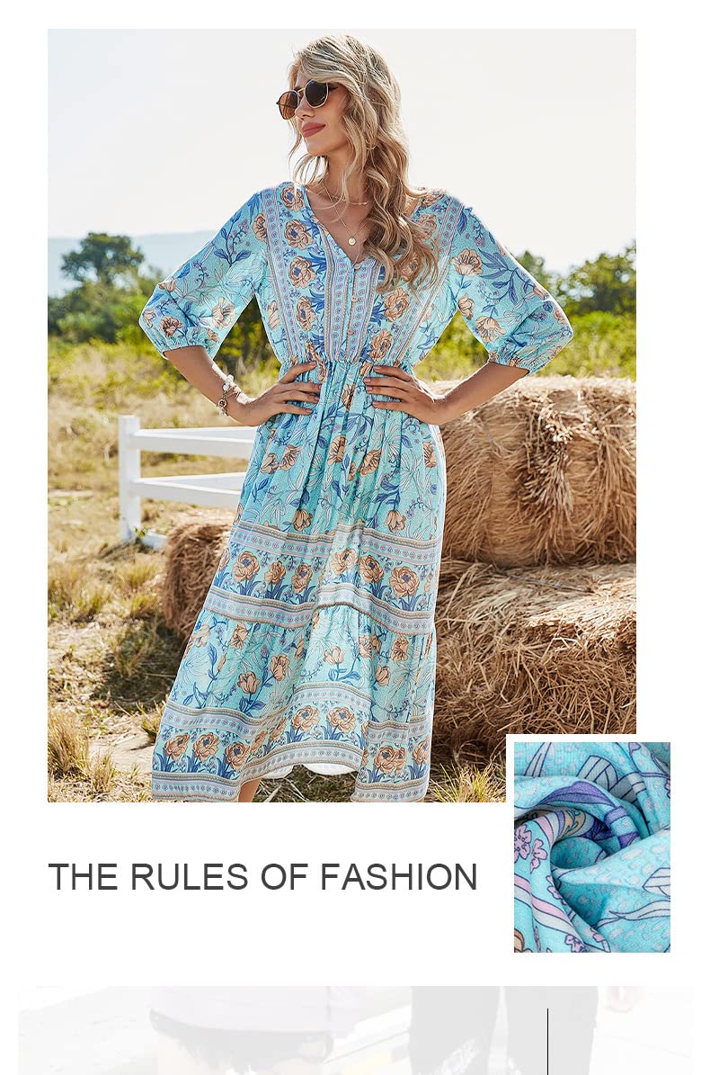 Abito Donne Floreale delle Donne Manica A Mezza Lunghezza con Scollo A V A Vita Alta A Vita Alta Bohemian A-Skirt