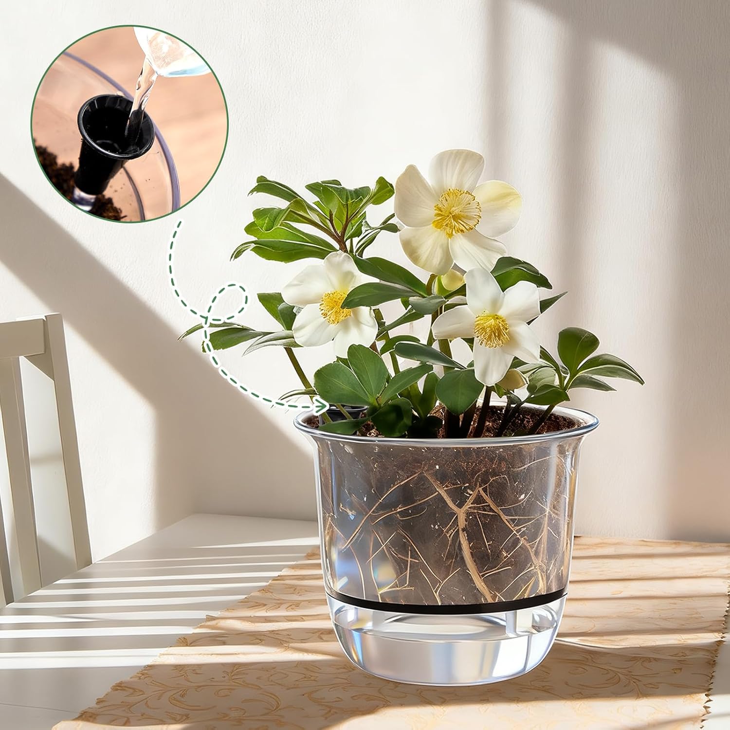 6 Pcs Clear Self Watering Pots for Indoor Outdoor Plants Flowers, 2 Each of 4, 5 and 6 Inch Self Watering Planters with Reservoir, Drainage Hole and Absorbent Cotton Rope - Image 7