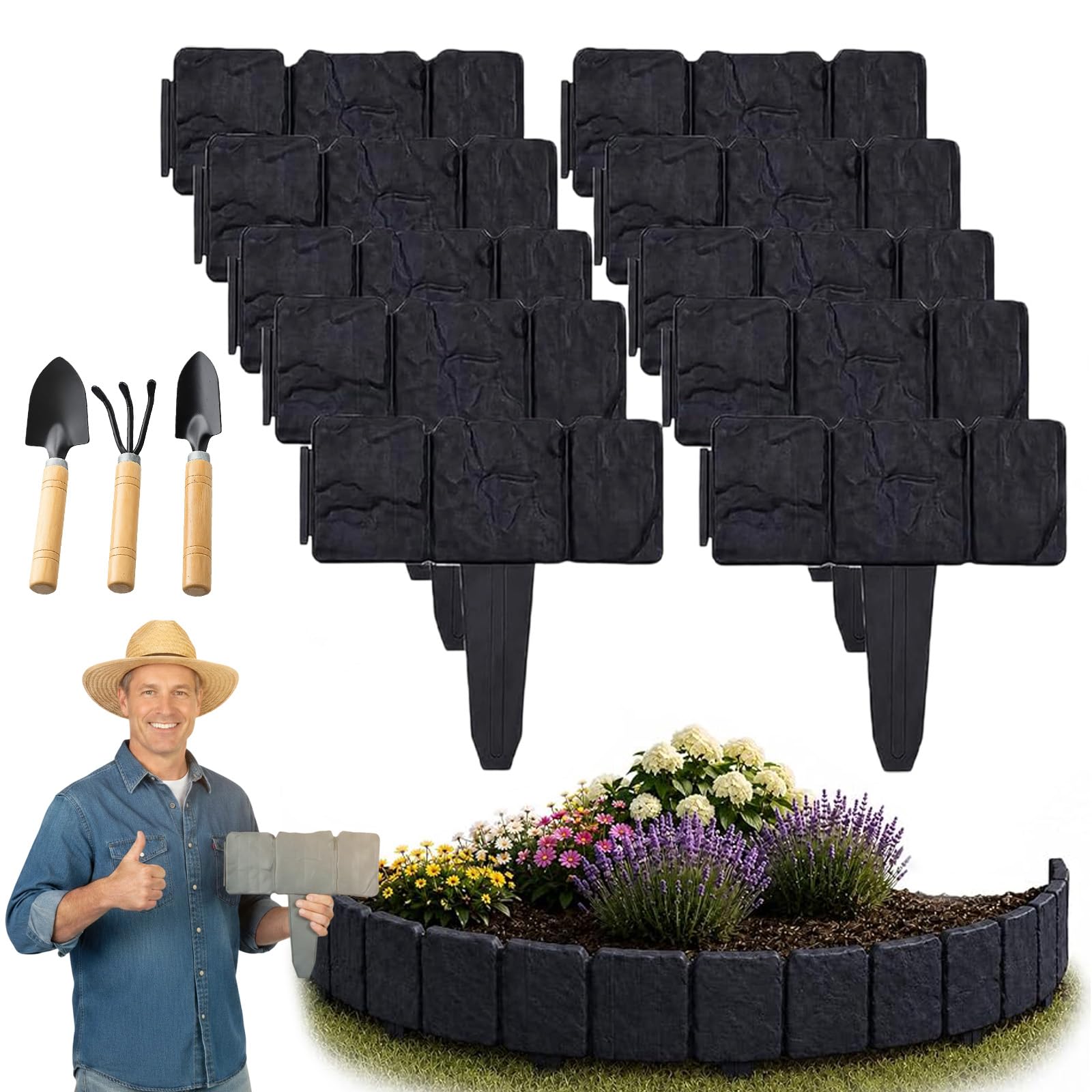 10 Piece Stone-Look Decorative Garden Edging Set, Imitation Stone Garden Fence, Flexible Plastic Garden Edging Border for Lawn and Flower Bed Landscape, No Dig Install (Black,20 Pcs)