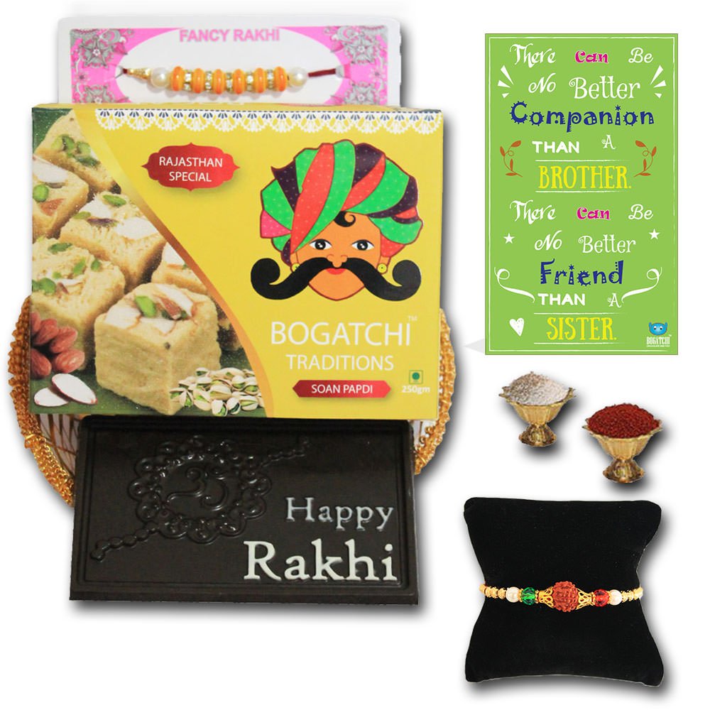 BOGATCHI Rakhi Gift Basket ,Happy Rakhi Chocolate bar+Yellow Box of soan papdi, Free Rakhi Greeting Card + Free Roli Chawal ,Free Rakhi(2pcs)-picture-30