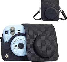 Camera Case Compatible with Fujifilm Instax Mini 12 Instant Camera, Checkerboard Style Camera Carry Bag for Polaroid Instax Mini 12 with Strap - Classic Black