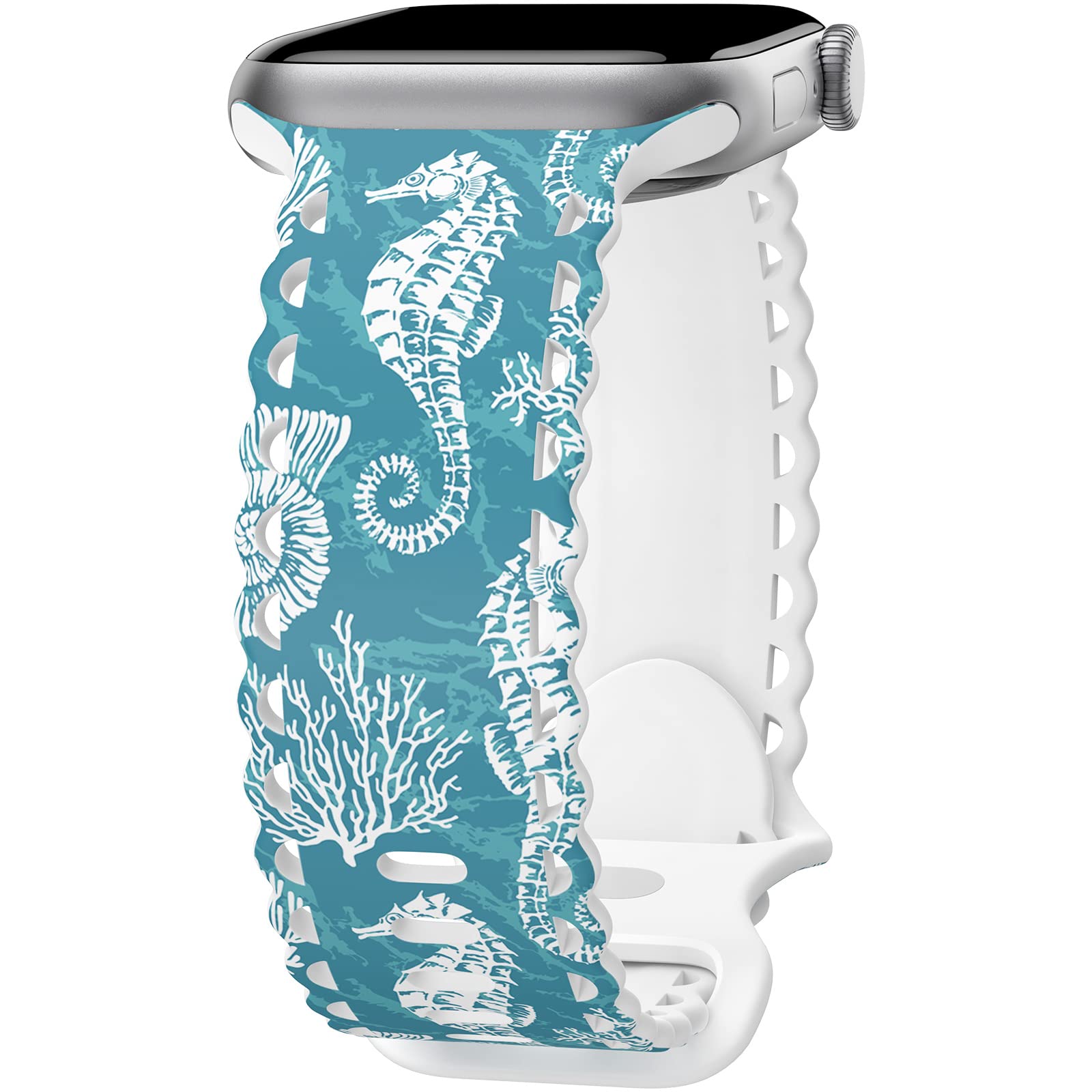 UpfurMachCompatible with Apple Watch Band 41mm 40mm 38mm 49mm 45mm 44mm 42mm Women Girl, Seahorse Print Lace Hollow-out Soft Silicone Sport Bands For iWatch Ultra SE Series 10 9 8 7 6 5 4 3 2, Seah-38