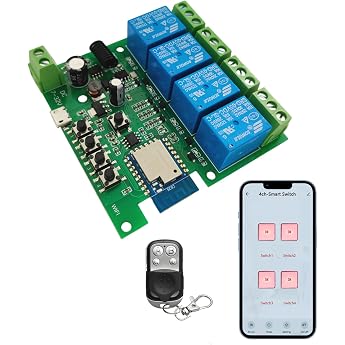 4 channels wifi smart switch inching self-locking relay module remote control via mobile app tuya/smart life app diy garage door opener with 433mhz rf remote control