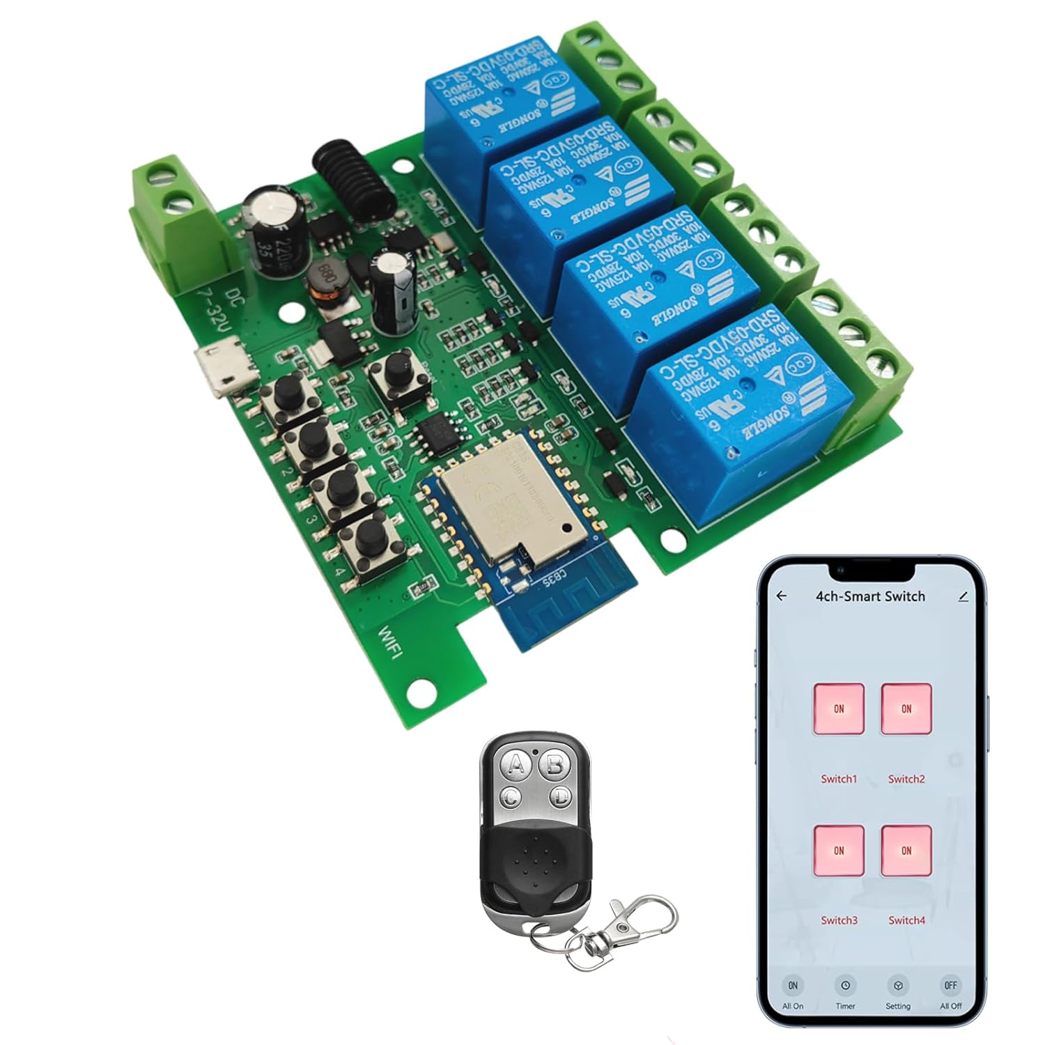 Newgoal 4-Channel Smart Wireless Relay Switch with RF Remote and Smartphone App