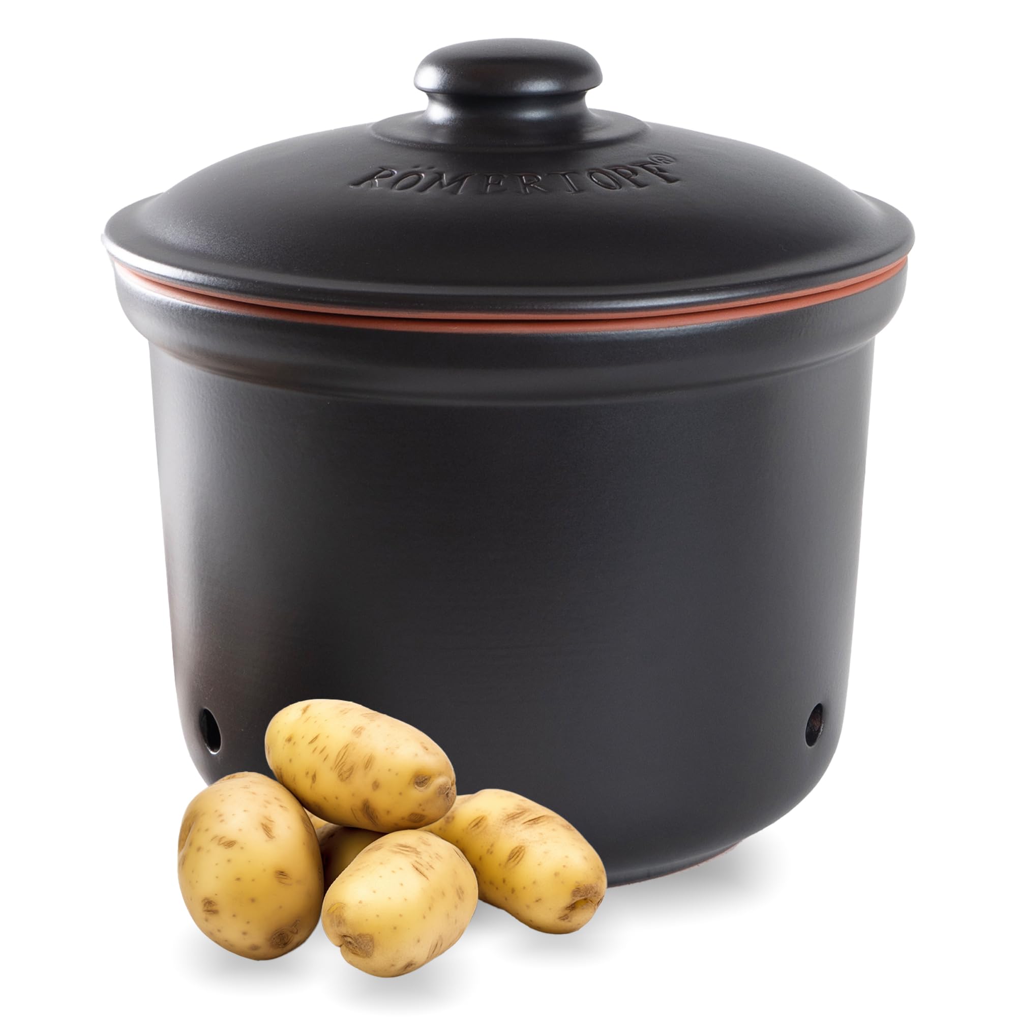 Romertopf Potato Storage Pot with Lid – Ventilated Clay Container, Keeps Potatoes Fresh, Black