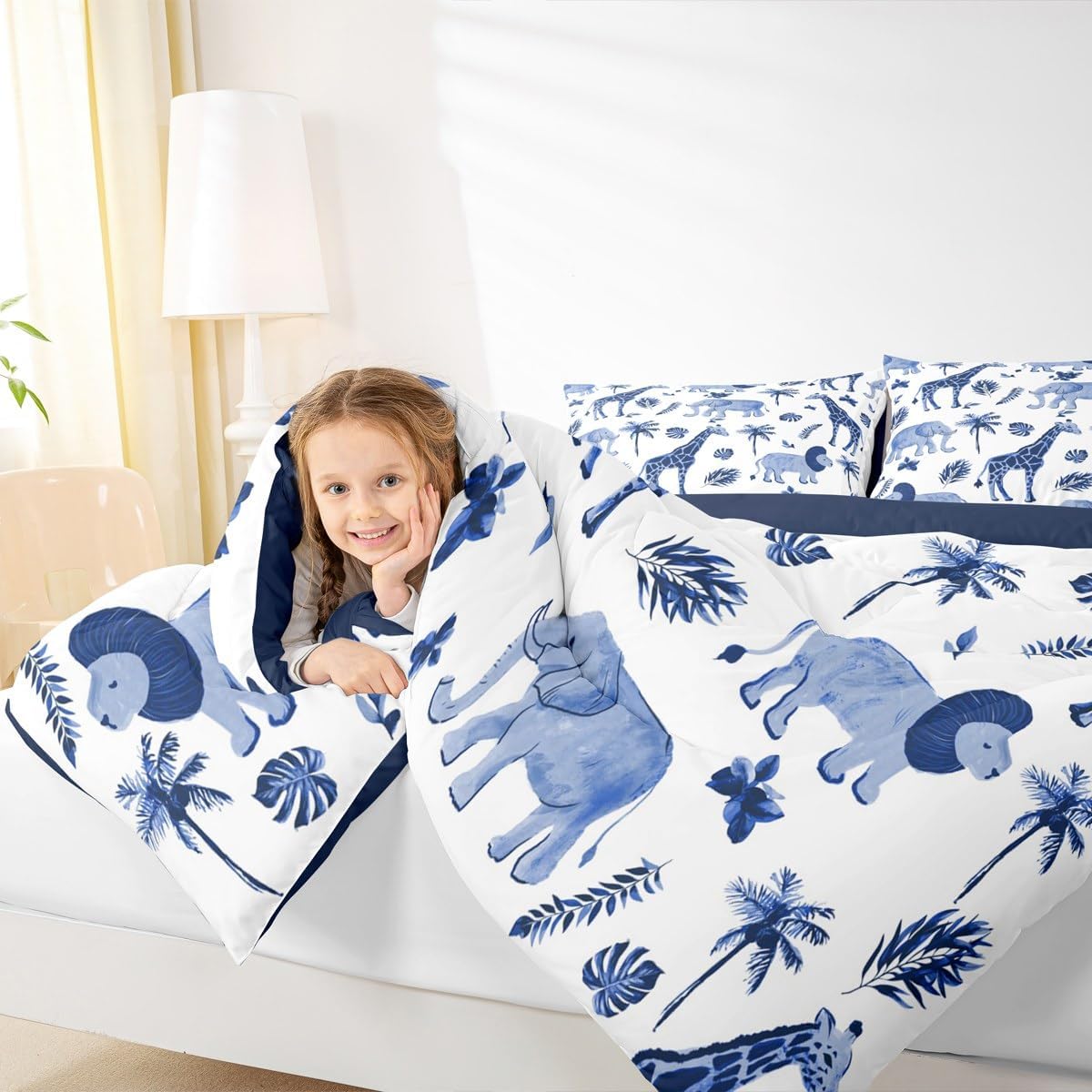 Feelyou Jungle Animals Comforter Queen Size Elephant Lion Giraffe Animal Bedding Sets African Safari Animal Comforter Set for Kids Boys Girls Hunter Blue Rust Wildlife Down Comforter